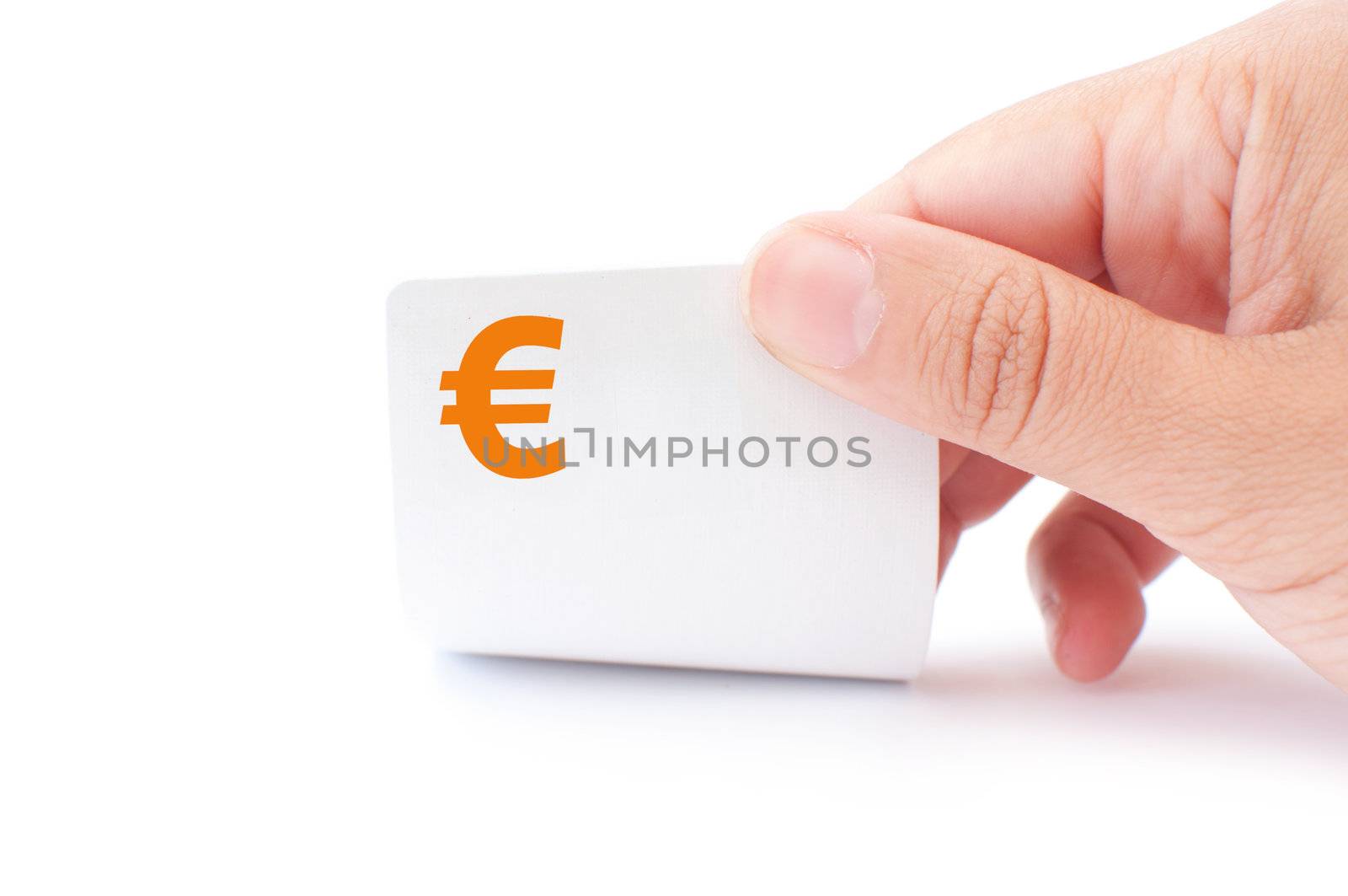 Hand holding up a playing card with a Euro currency symbol 