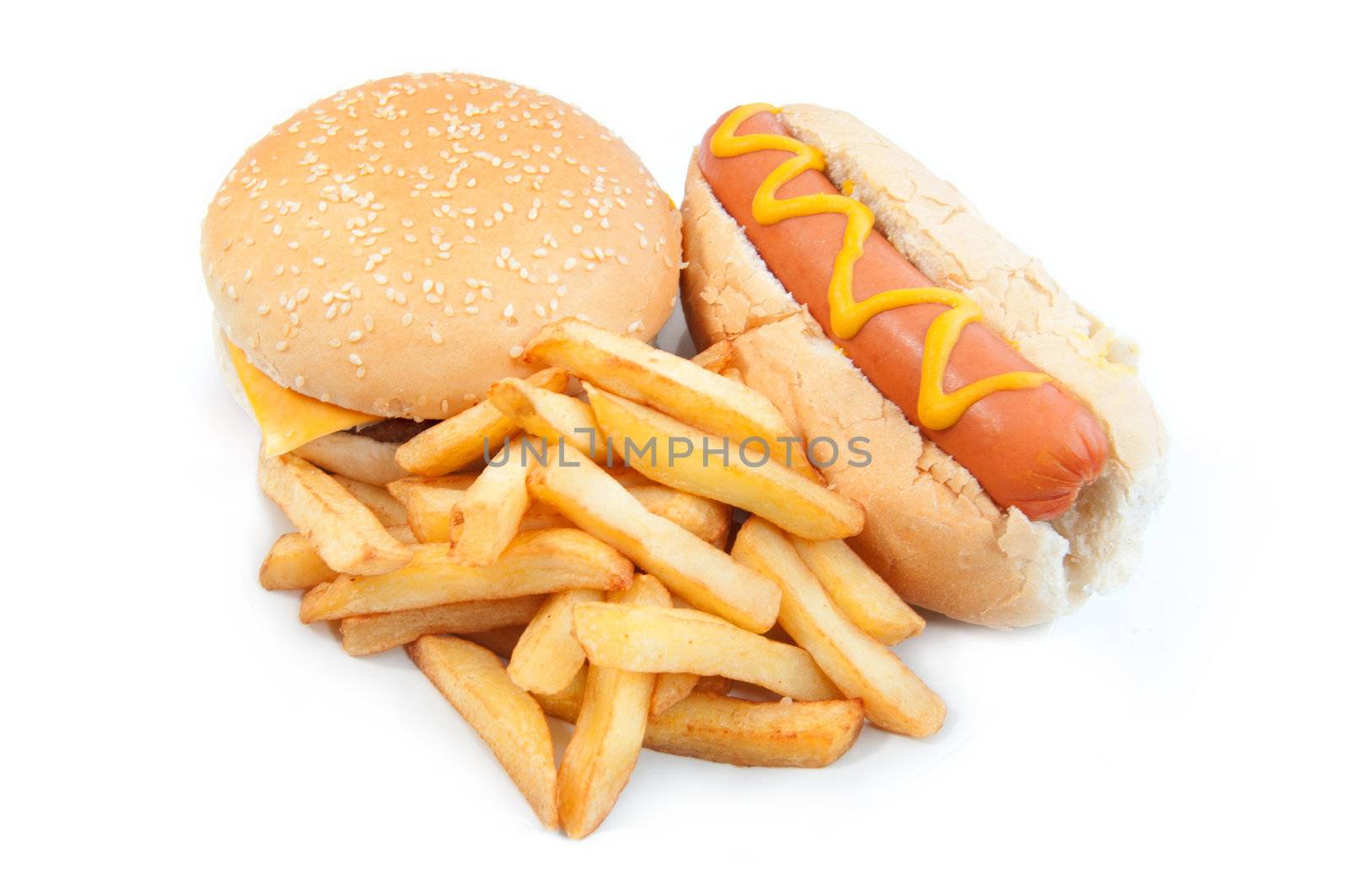 Hot dog with mustard and a cheeseburger
