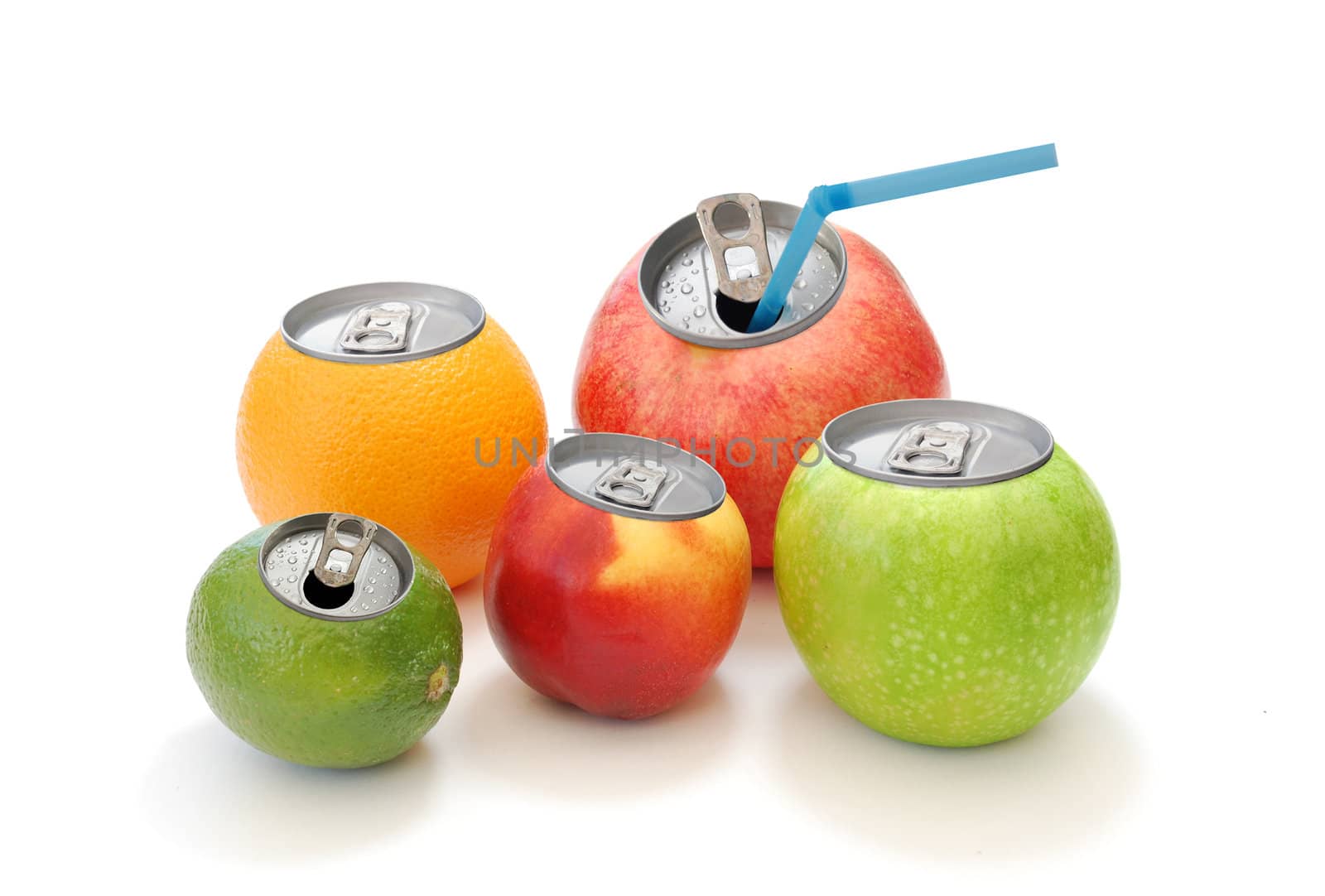 Conceptual image of fruit beverages as aluminium cans