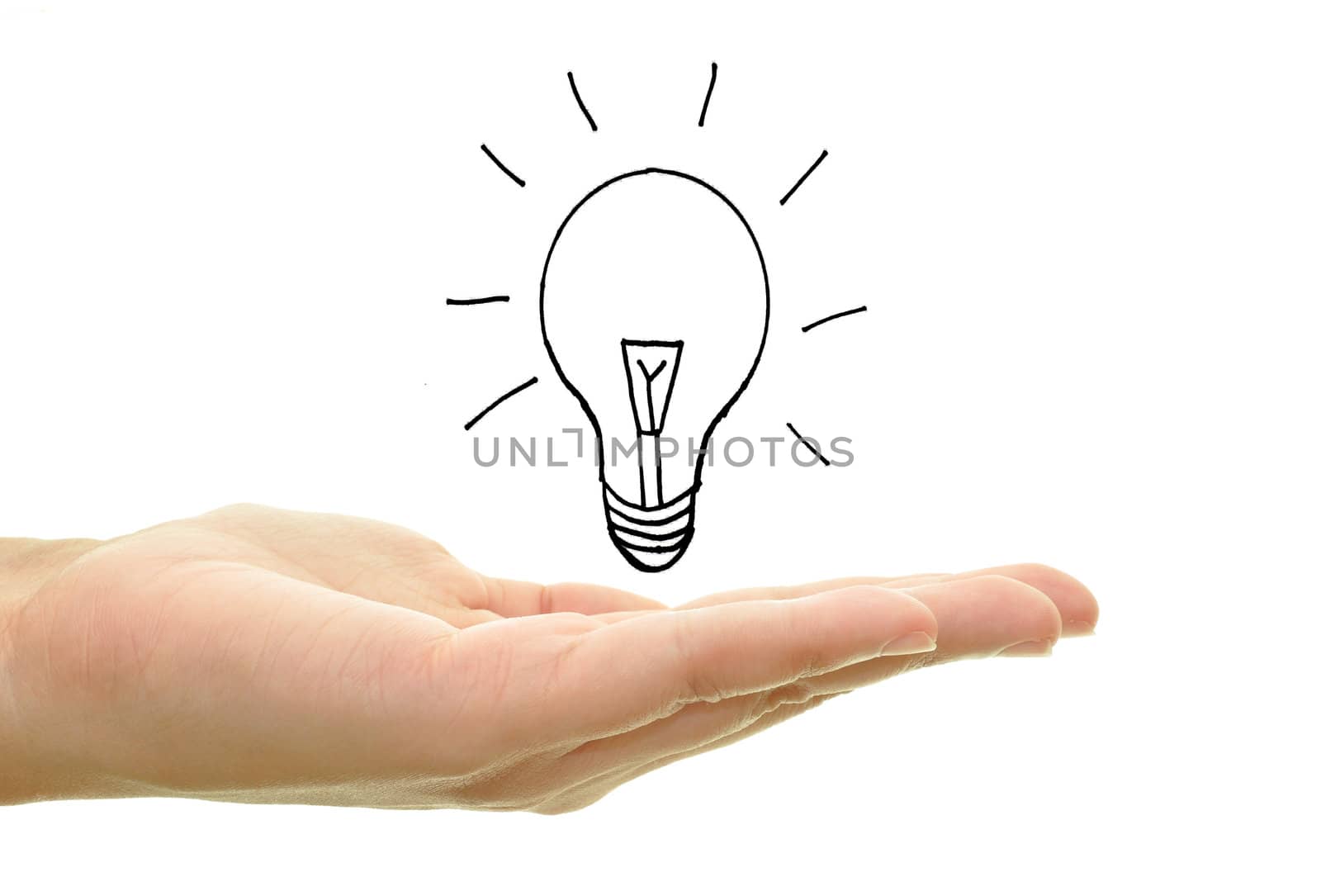 Drawn bulb hovering over a hand 