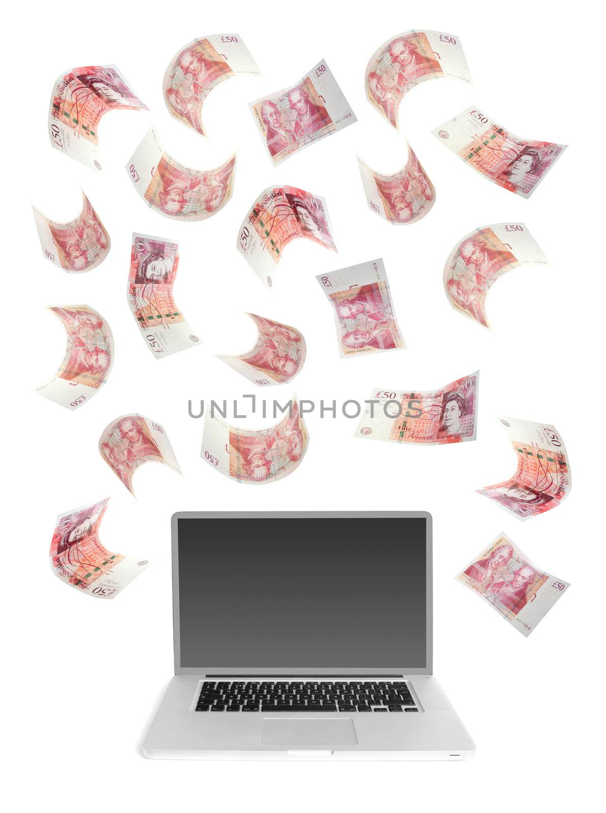 Fifty pound banknotes falling over a laptop computer 