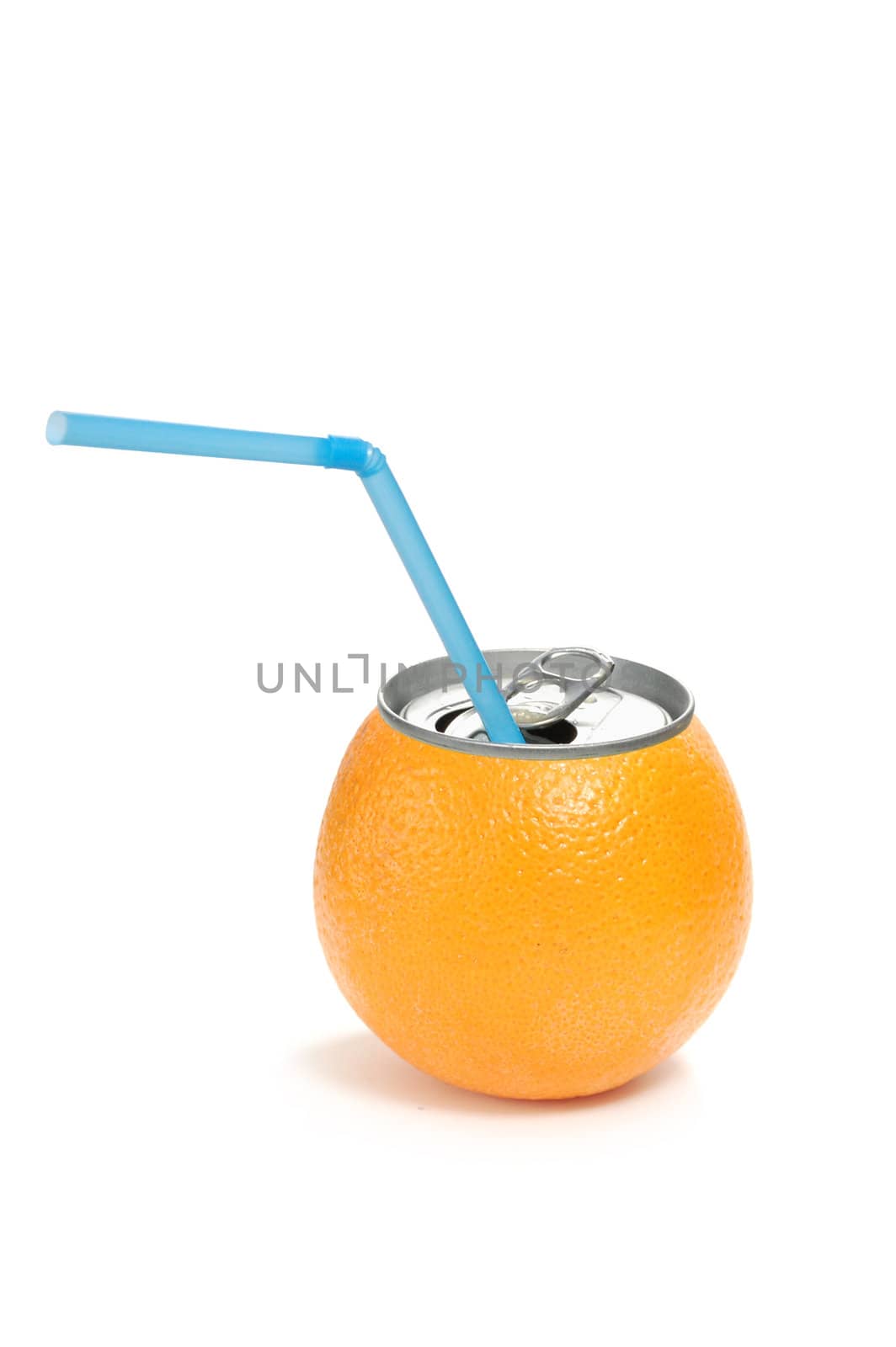Isolated orange with a can top and straw