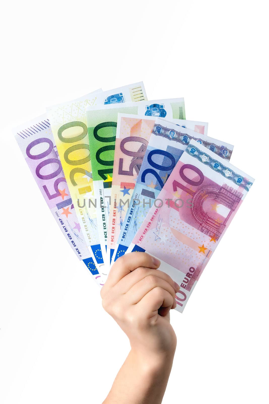 Hand hold money banknotes on white background