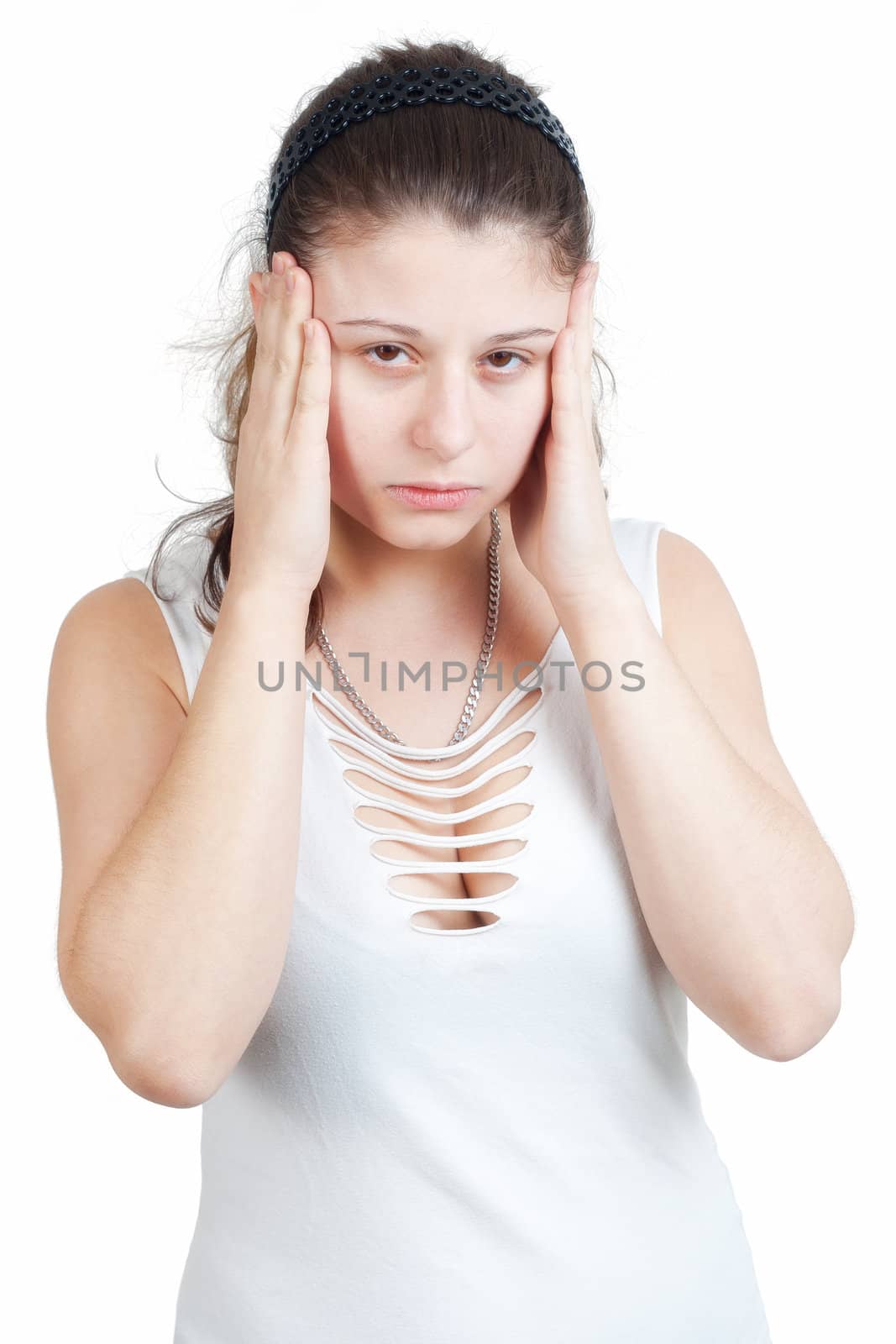 young brunette woman with splitting headache - isolated on white background