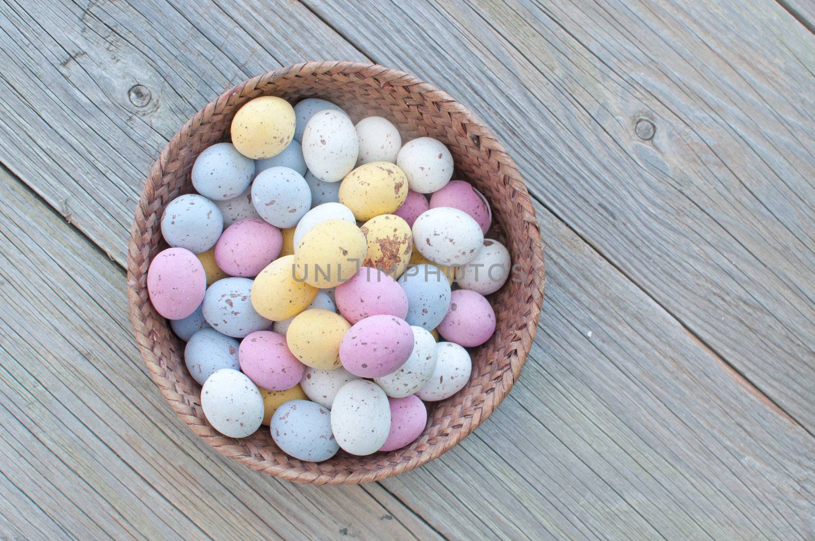 Mini chocolate easter eggs in a basket 