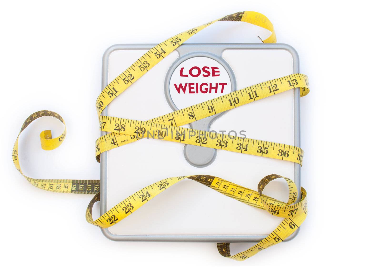 Yellow tape measure wrapped around a weighing scales machine with the words lose weight