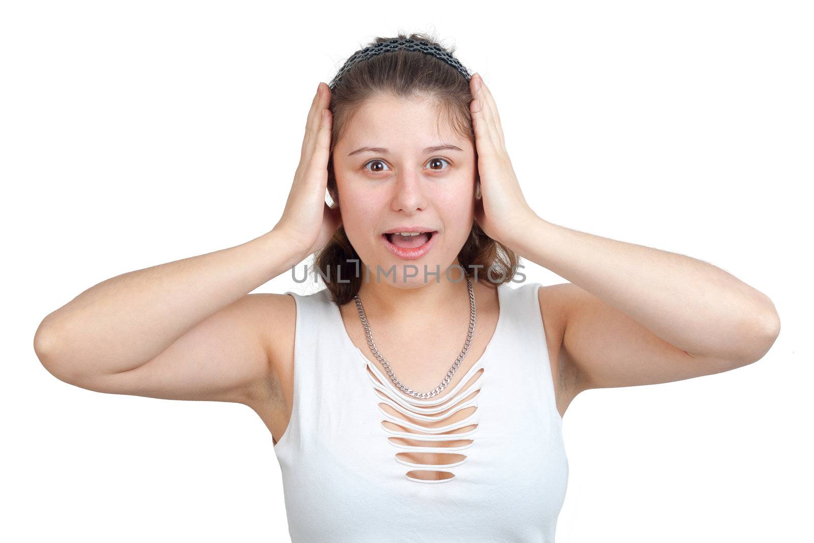 young brunette woman throw her hands up in horror - isolated on white background