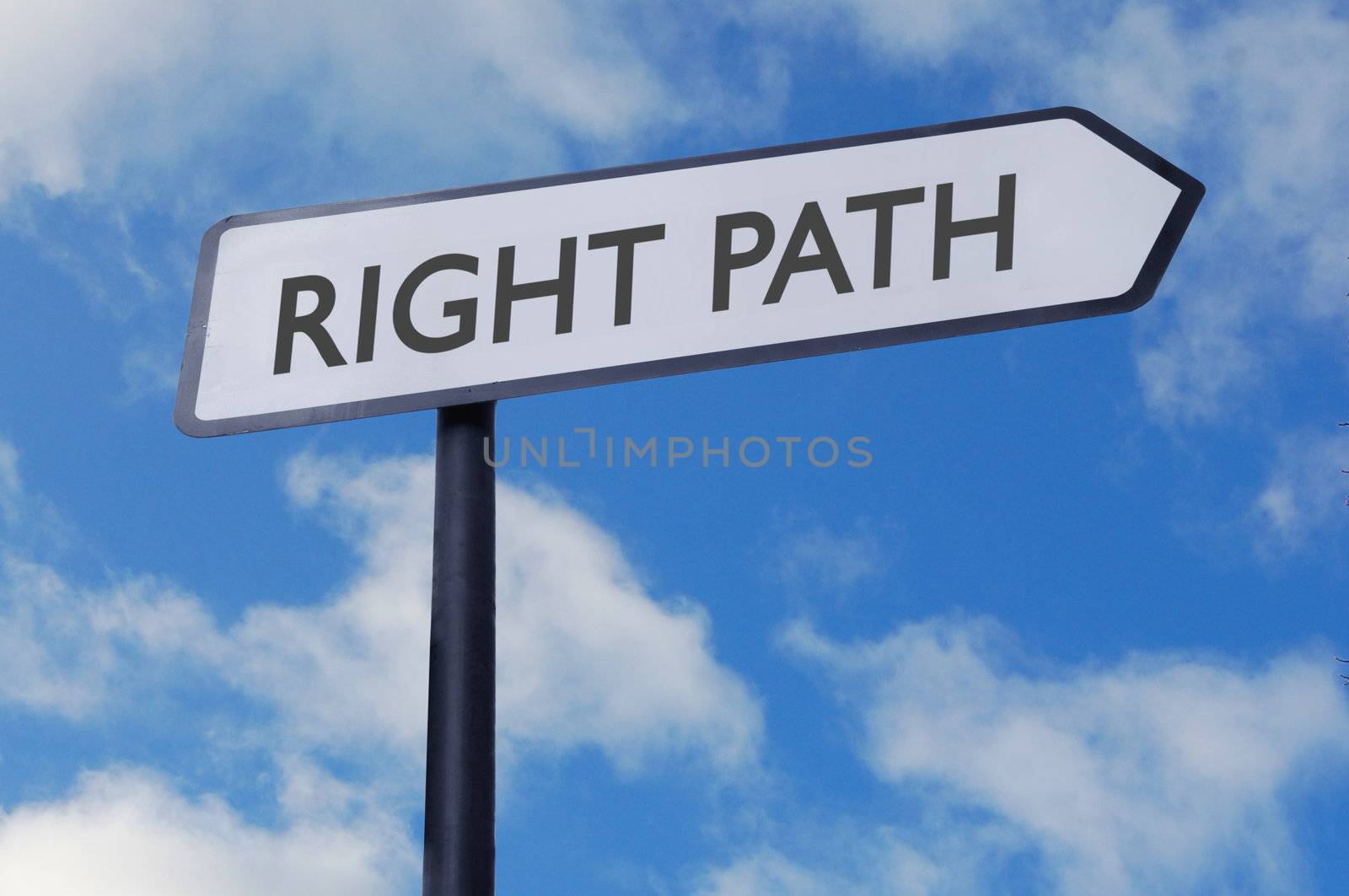 Right path street sign against a blue sky 