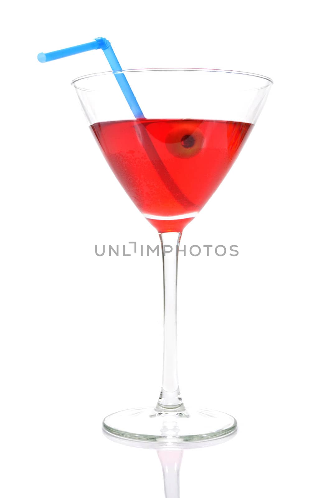 Red cocktail beverage with an olive 