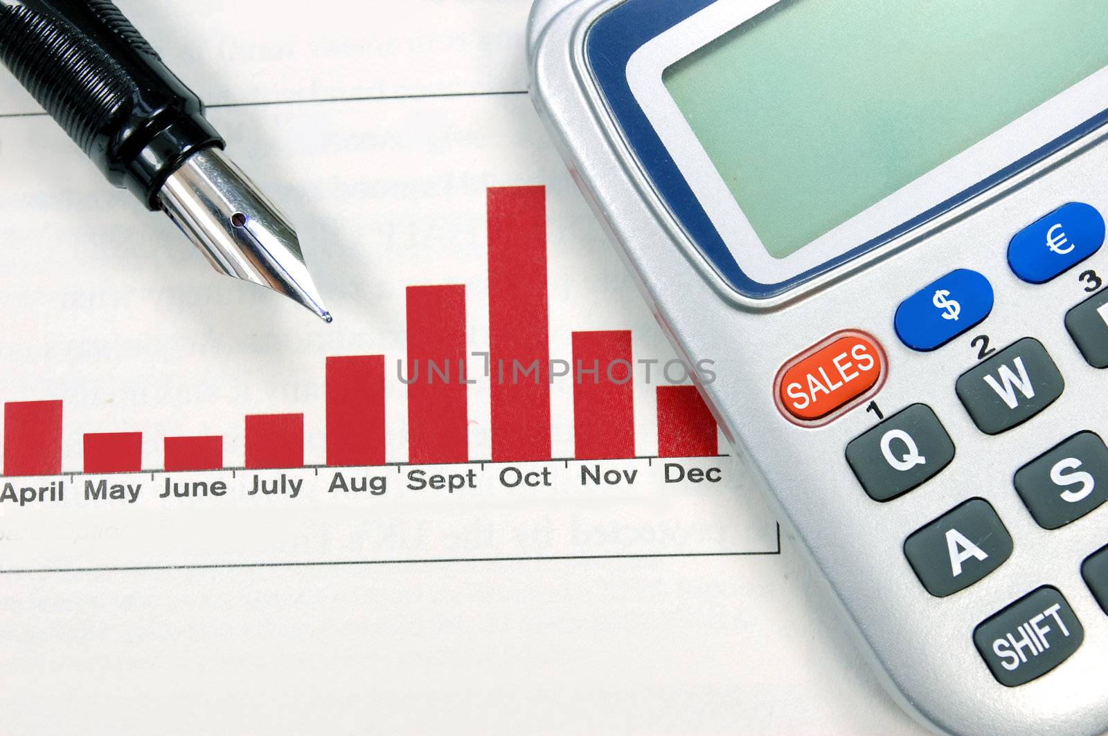 Personal organiser with the word sales printed on one key on a bar chart  