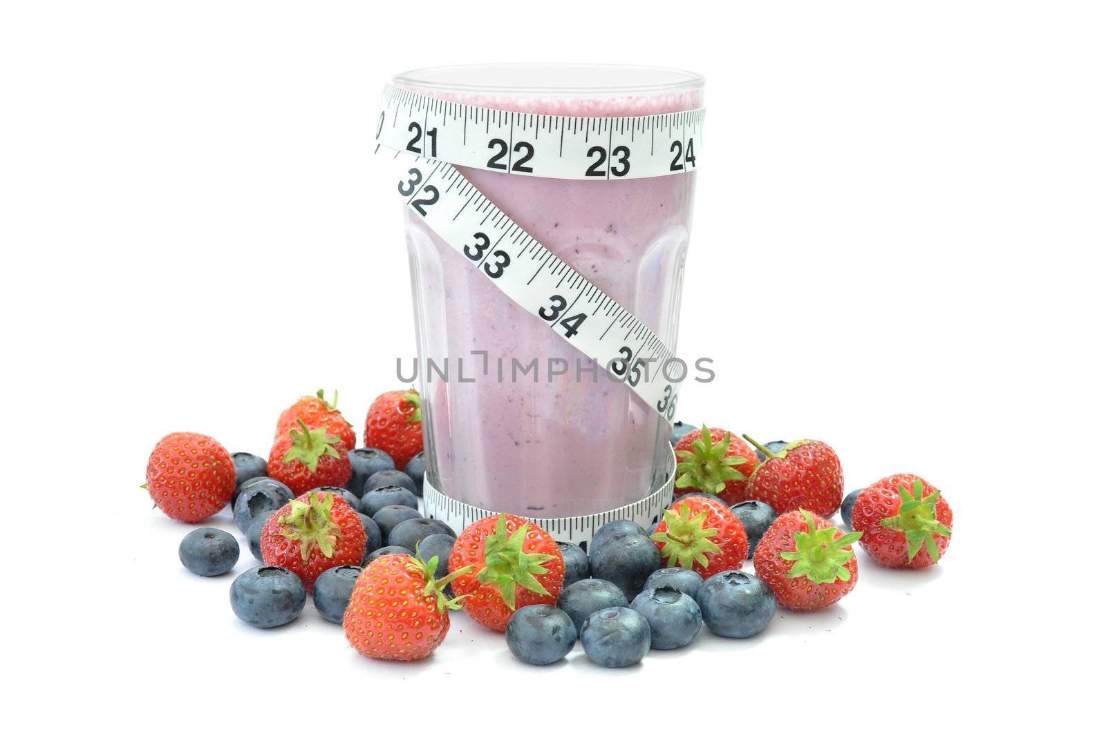Blueberry flavoured smoothie wrapped with a measuring tape