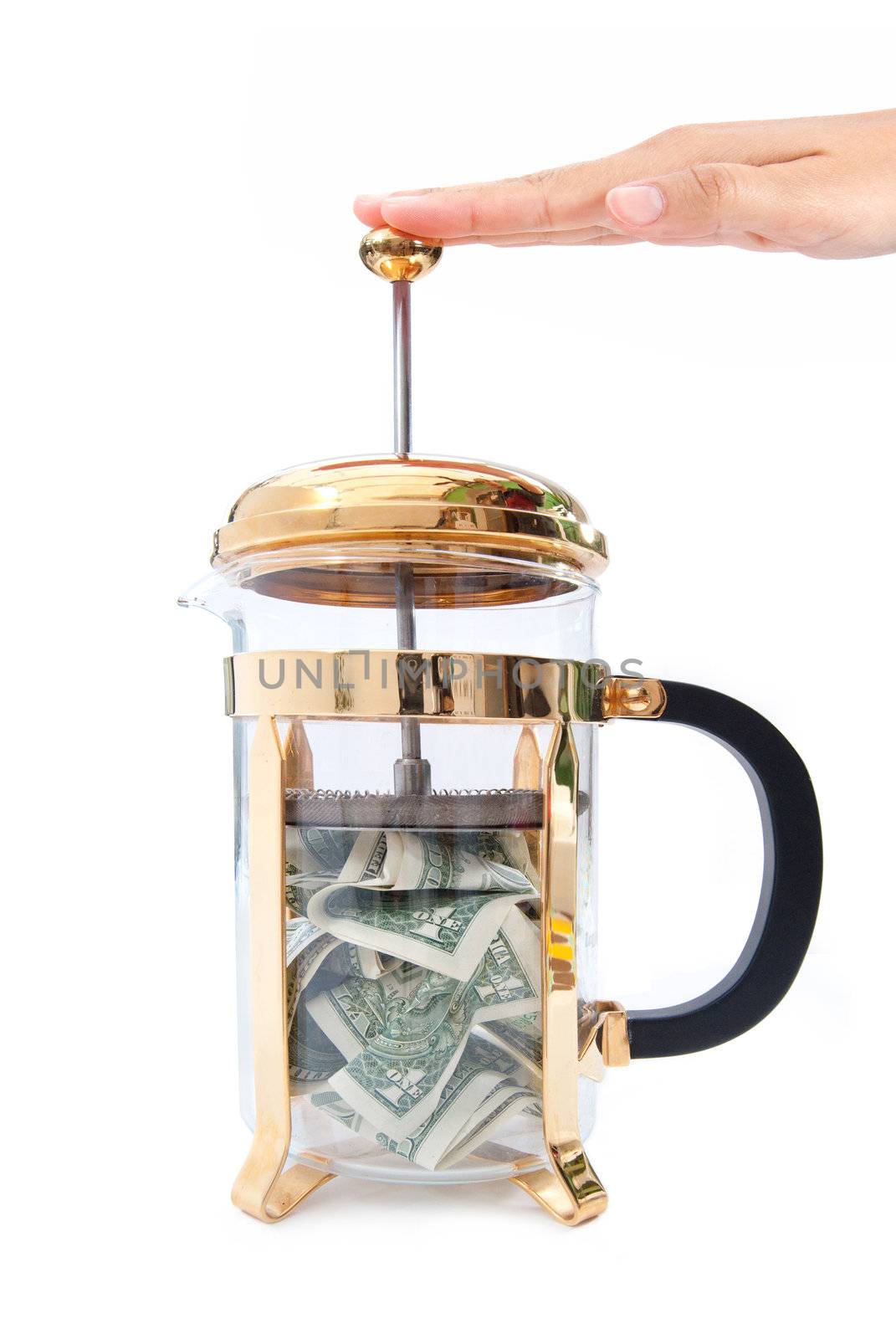 Banknotes being squeezed by a coffee plunger 