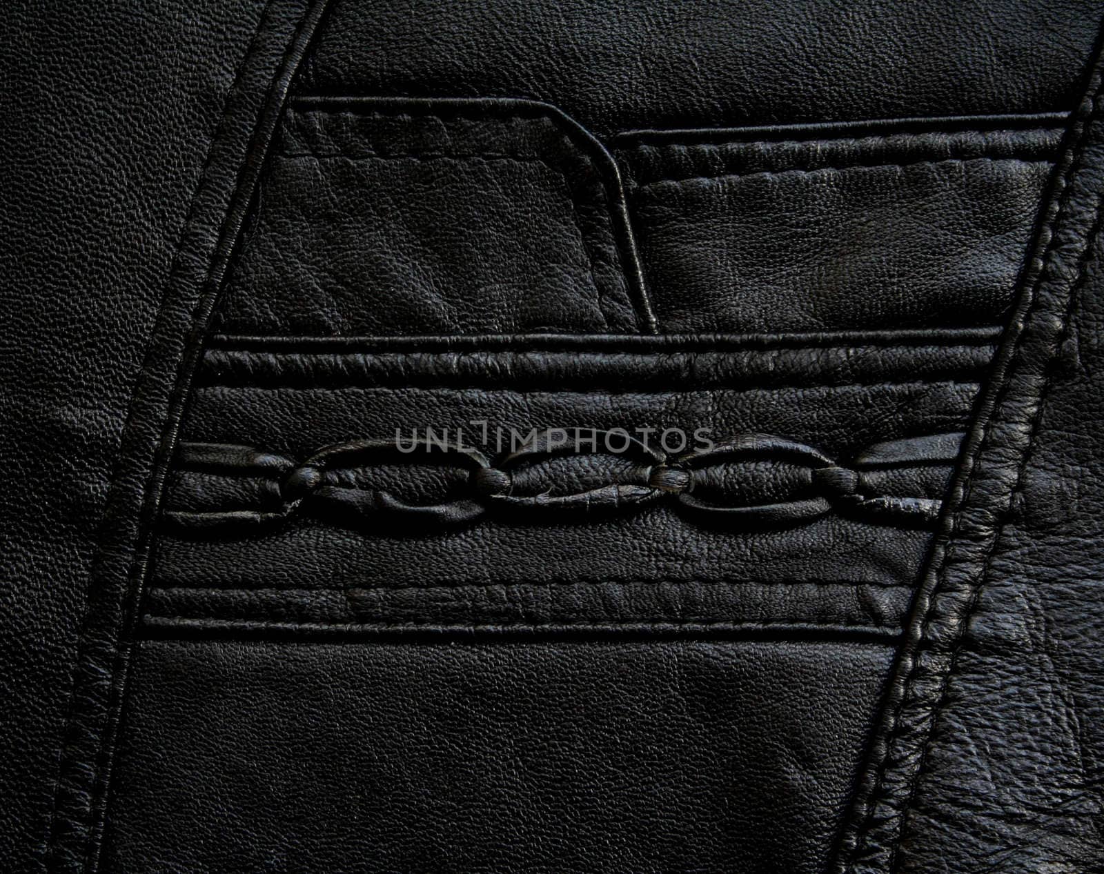 Pocket on the black leather texture as background 