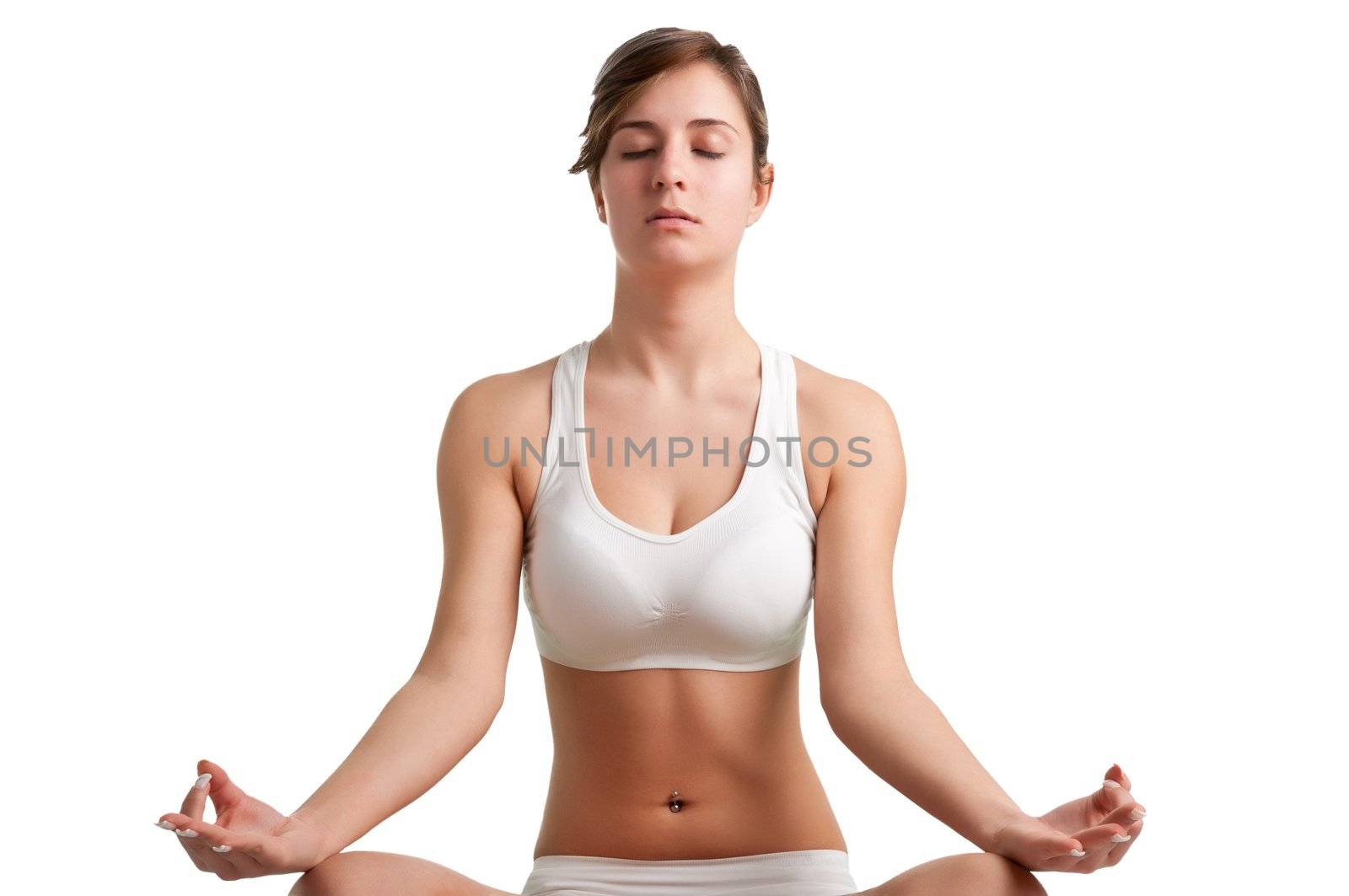 Woman doing yoga isolated on a white background