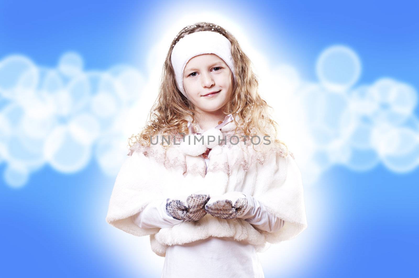 Winter Pleasant Girl, Abstract white and blue background