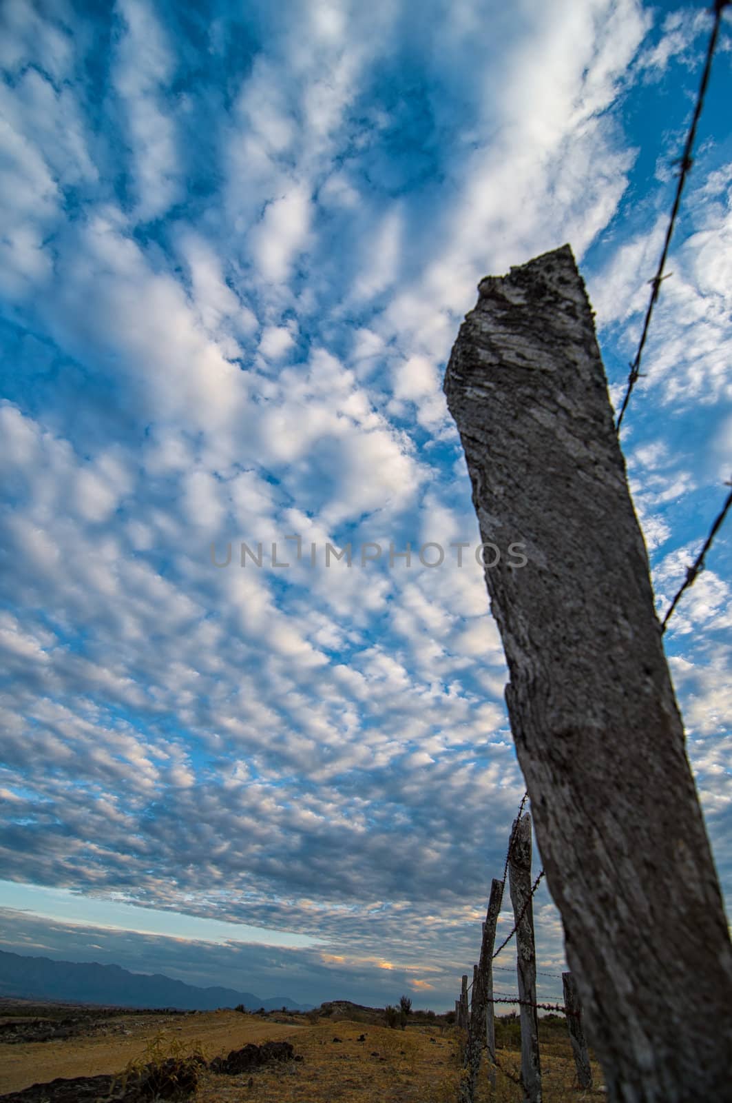 Fence post in a desert with a blue sky with dramatic clouds