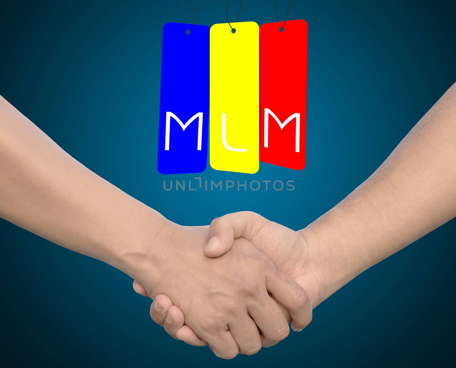 Hand shake or hand in hand with the word MLM on iron tag