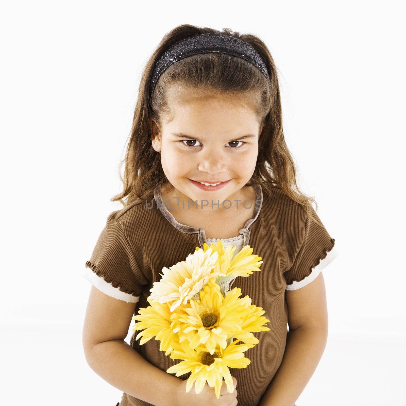 Cute little hispanic girl with bouquet. by iofoto