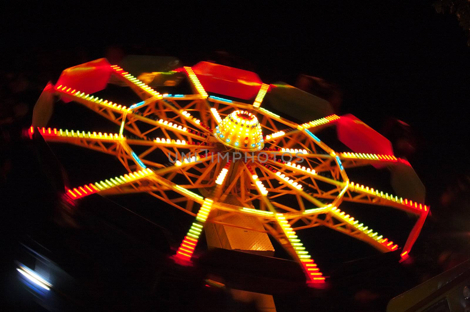abstract view of a colourful ferris wheel at night