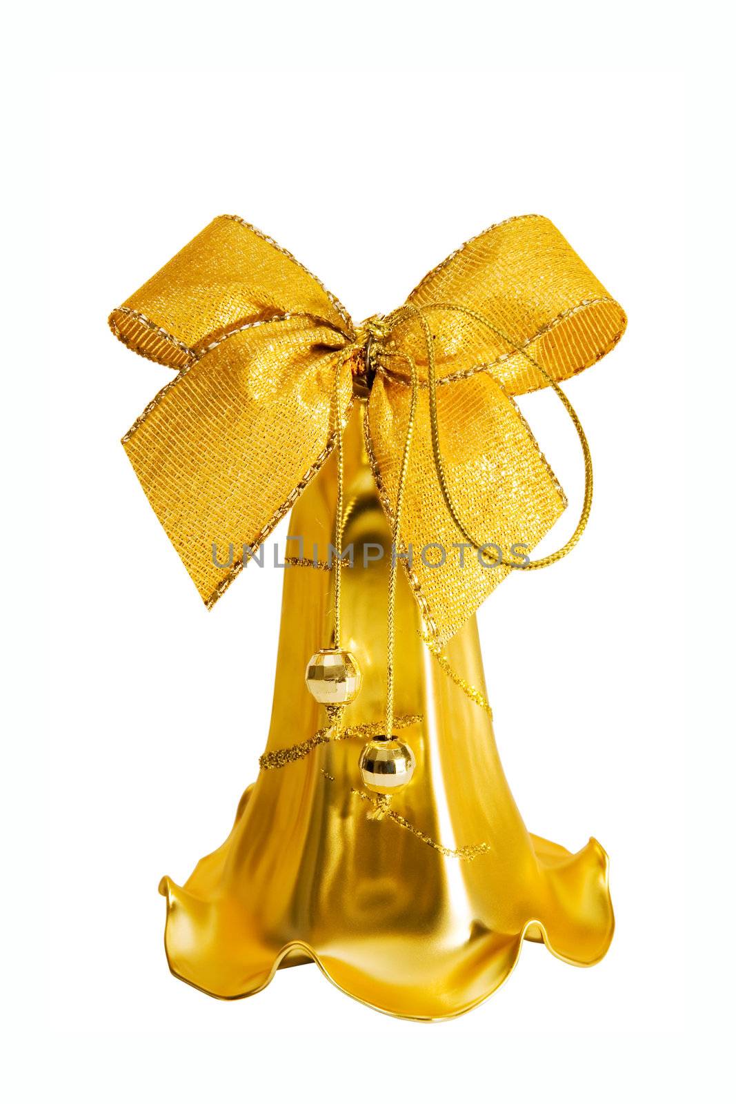 Close-up Golden Christmas bell. Isolated on a white background.