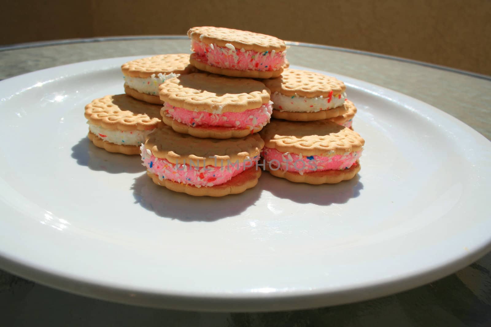 Close up of marshmallow cookies on a plate.
