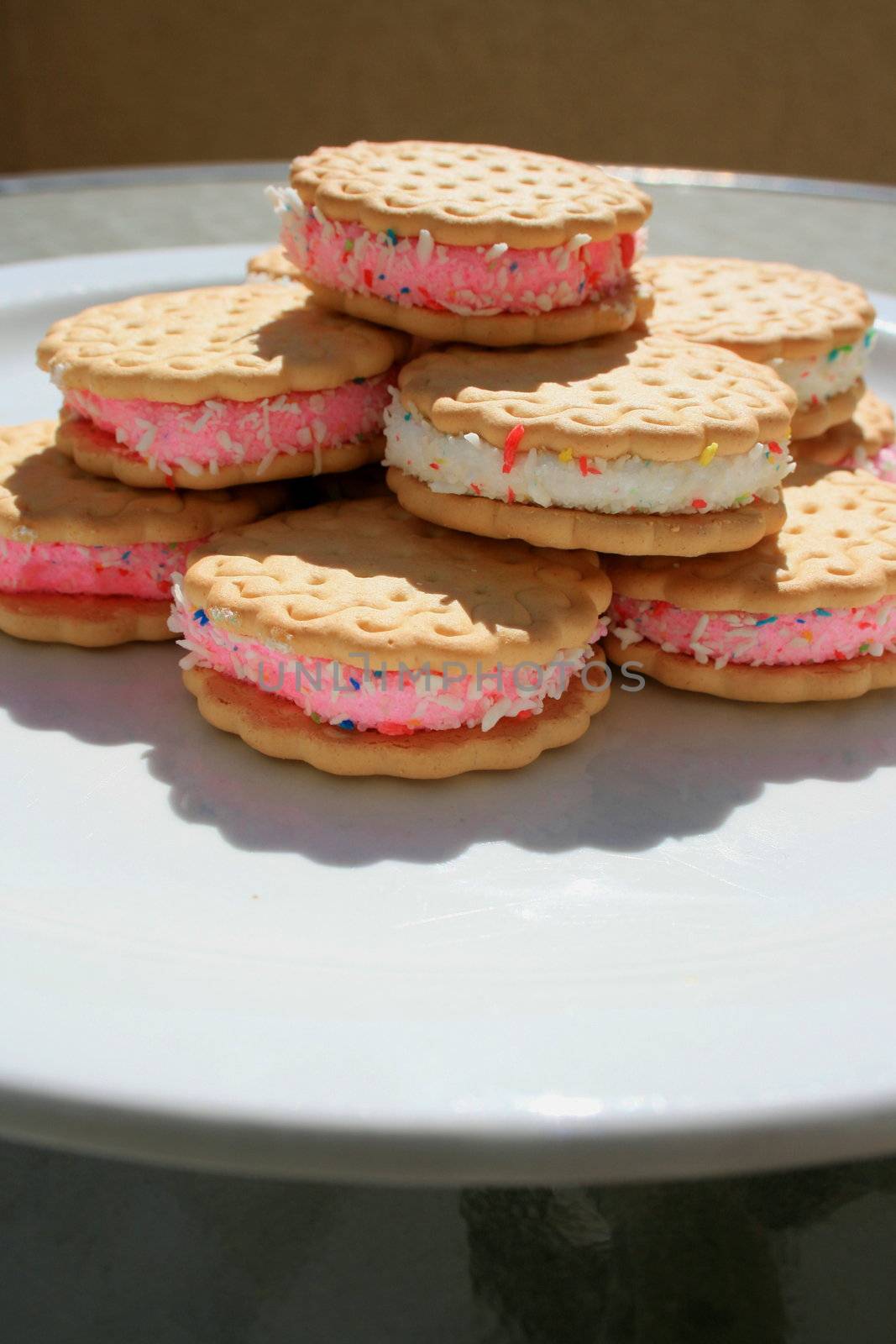 Close up of marshmallow cookies on a plate.
