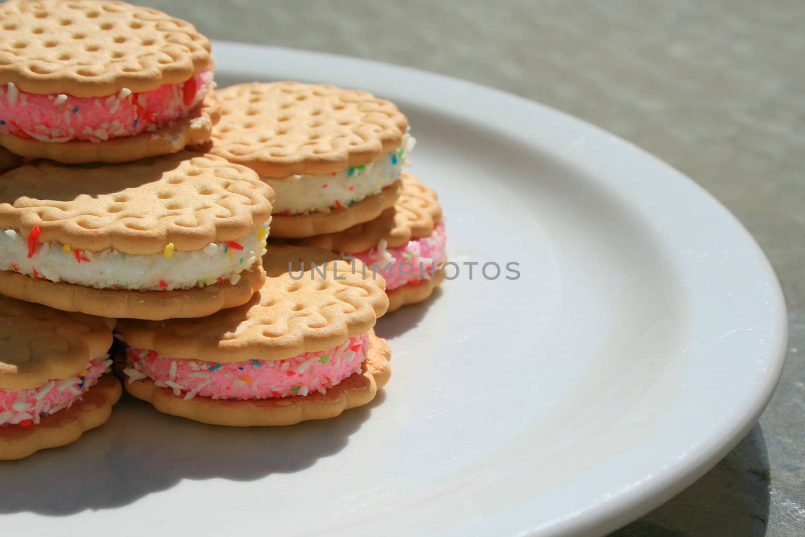 Close up of marshmallow cookies on a plate.
