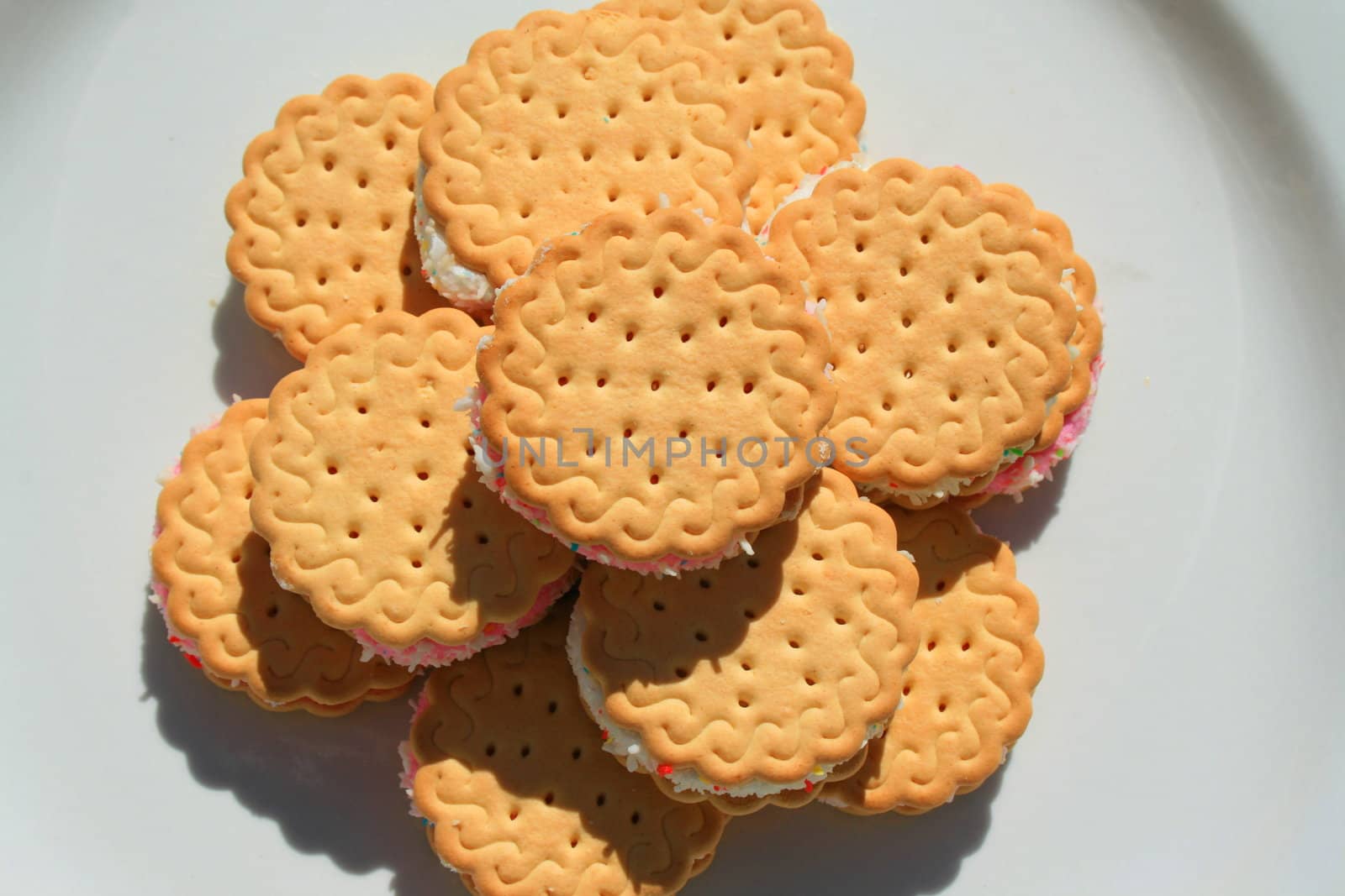Close up of marshmallow cookies on a plate.
