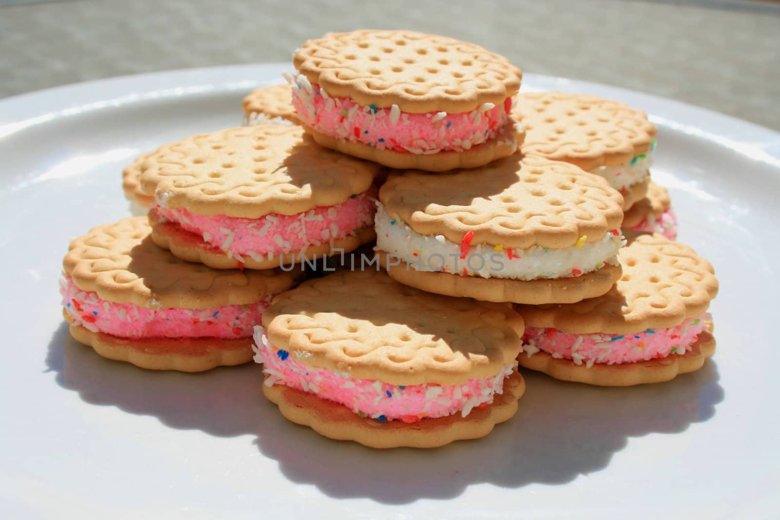 Close up of marshmallow cookies on a plate.
