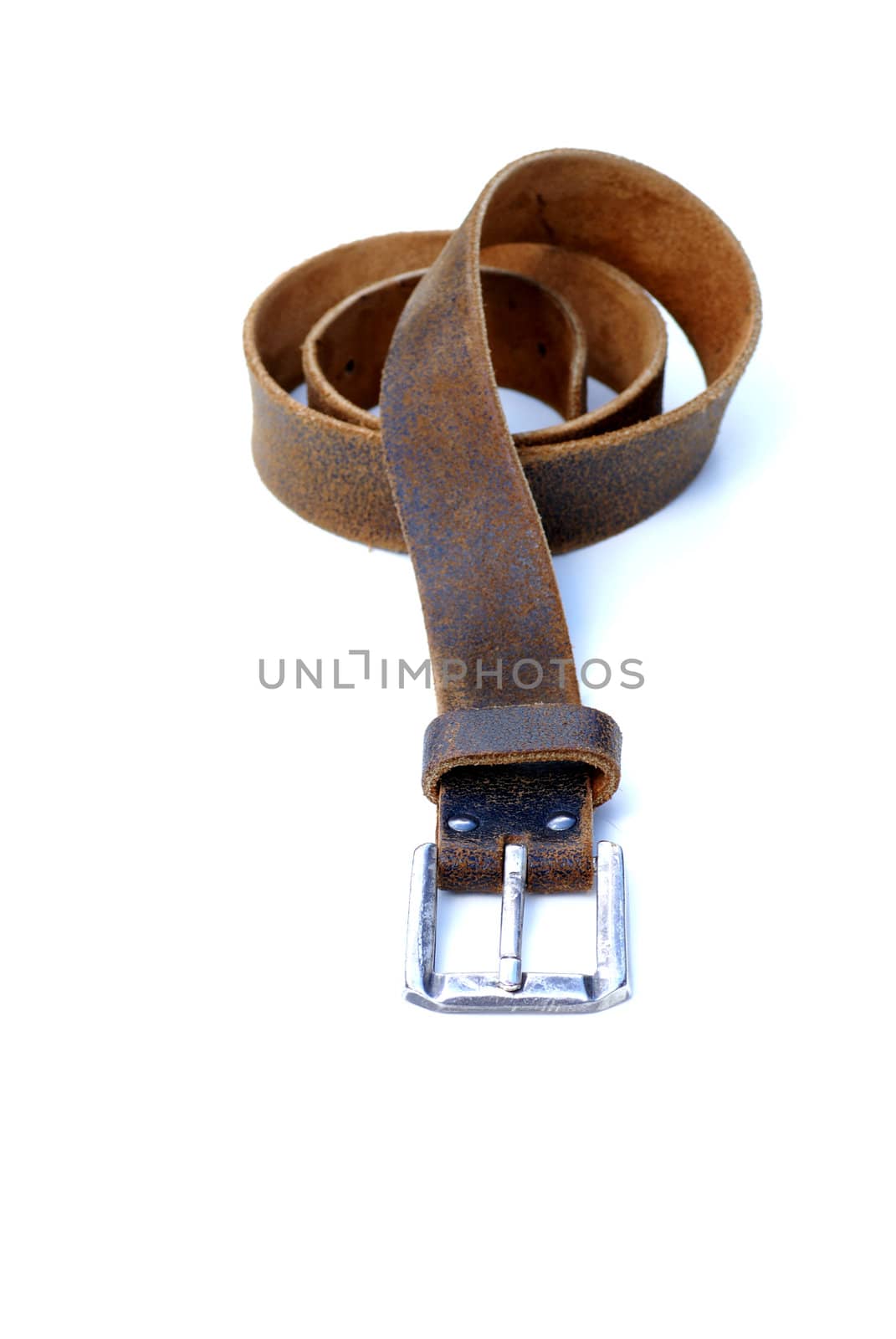 An isolated brown leather belt.