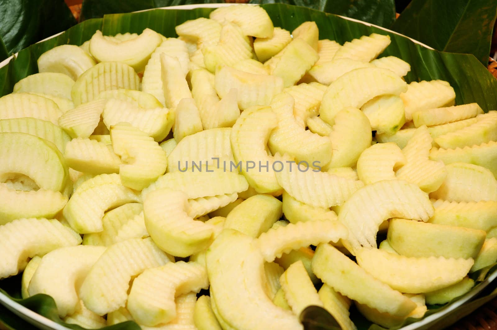 Sliced guava exotic fruit on banana leaf  