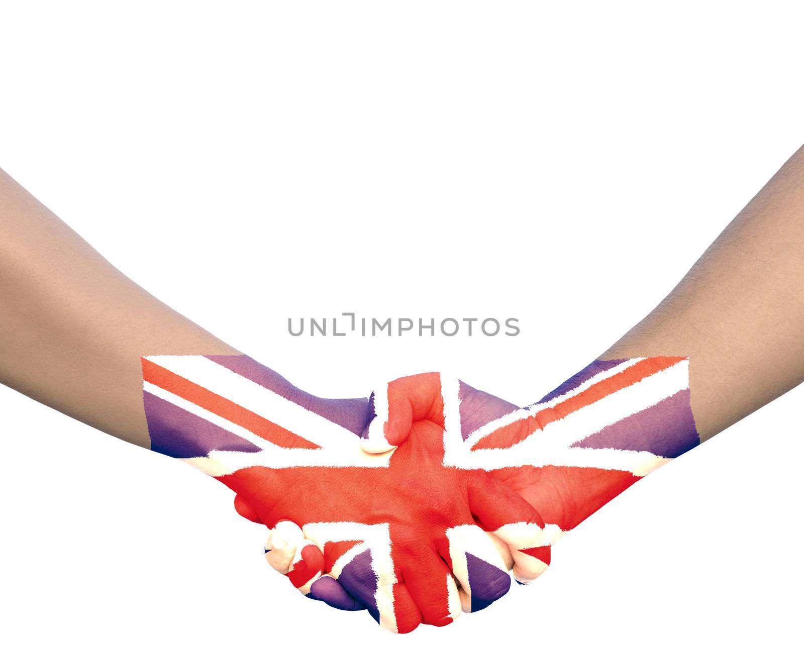 Hand in Hand of Handshake with Flag of Union Jack or United Kingdom