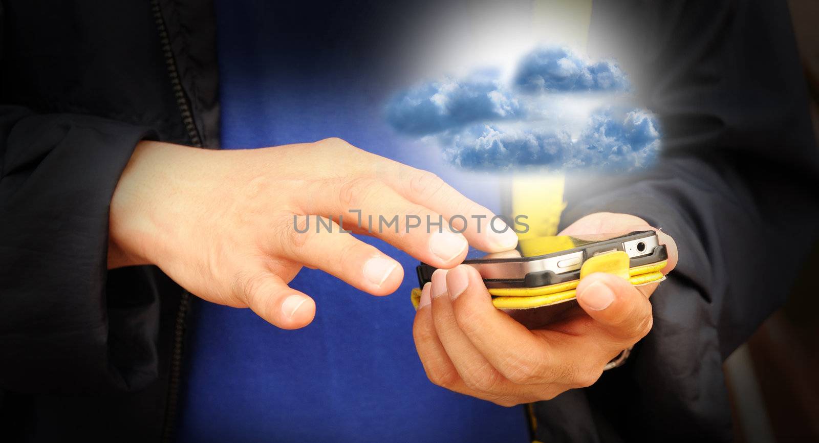 Hand of business man touch screen of mobile phone present cloud computing