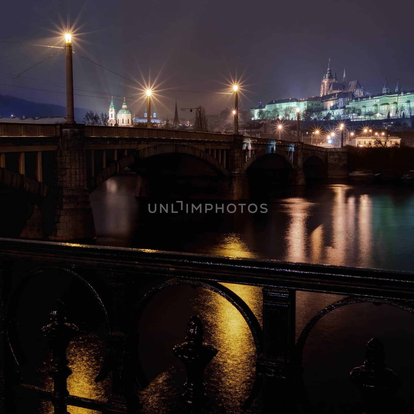 view on Manes bridge and Prague castle at night, Prague, Czech Republic