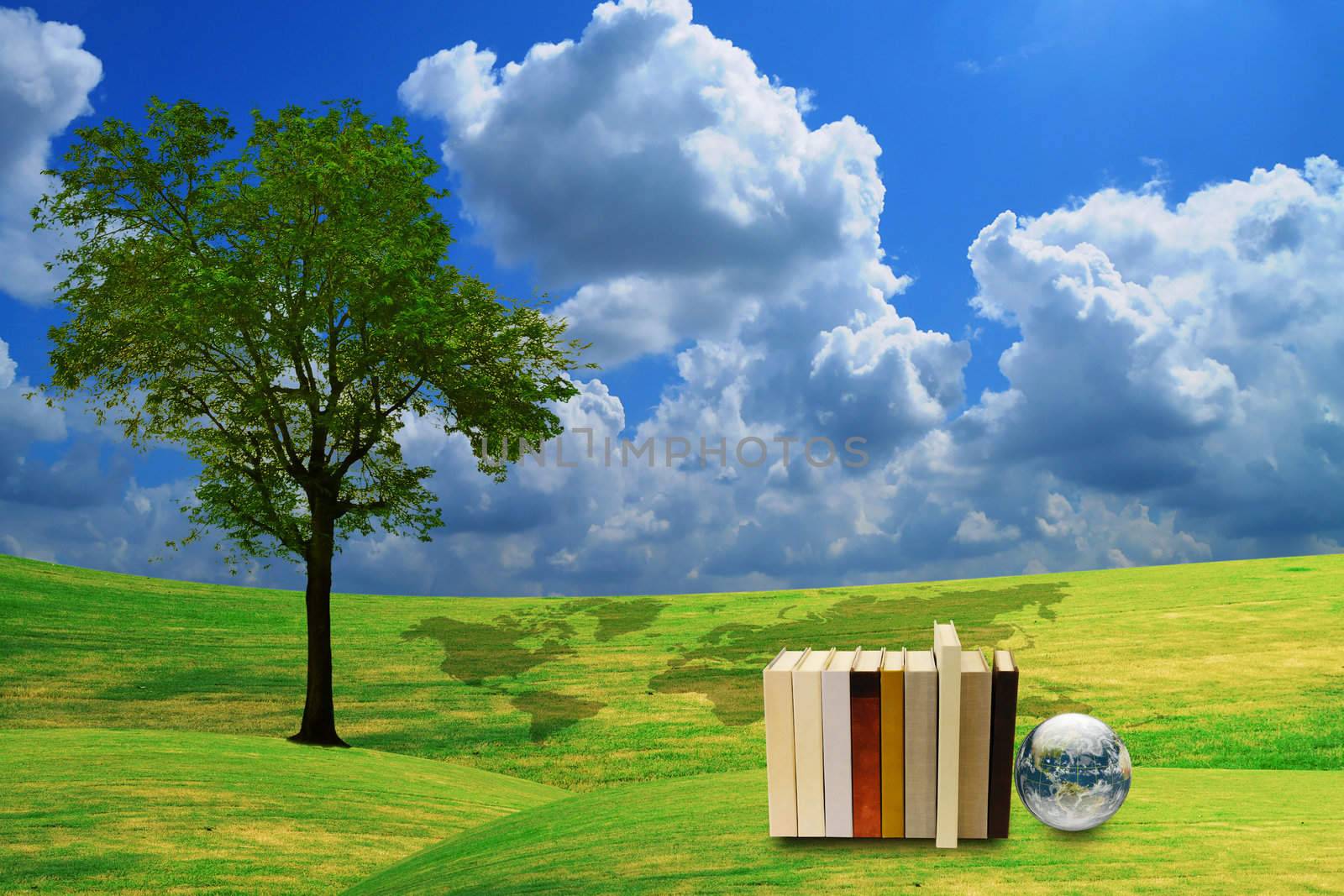 lonely tree with stack of book and earth globe