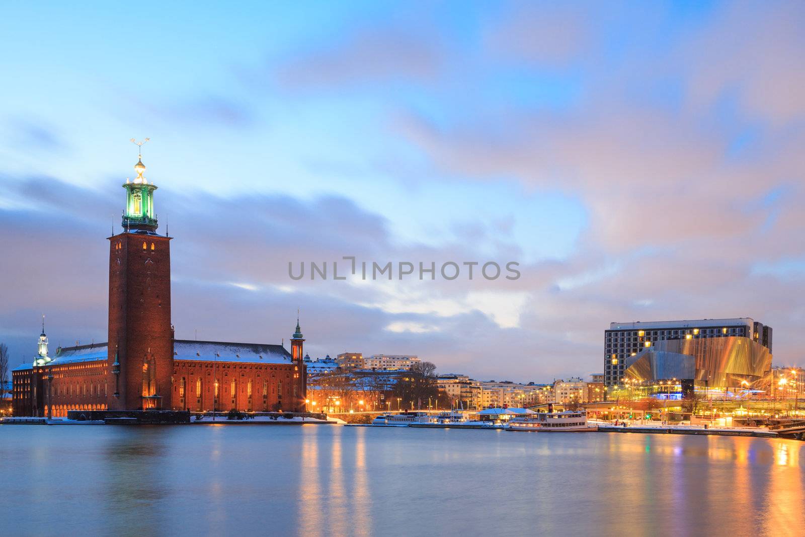Architecture Stockholm City Hall at dusk twilight Sweden 