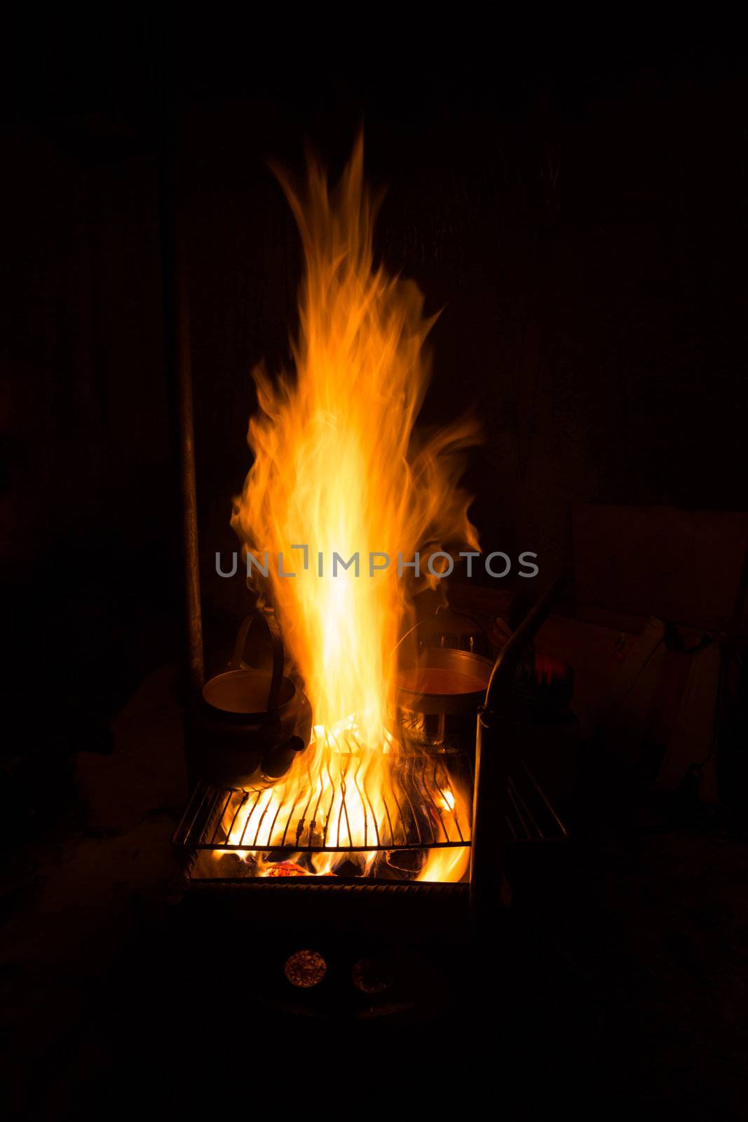 fireplace in wild camping at night