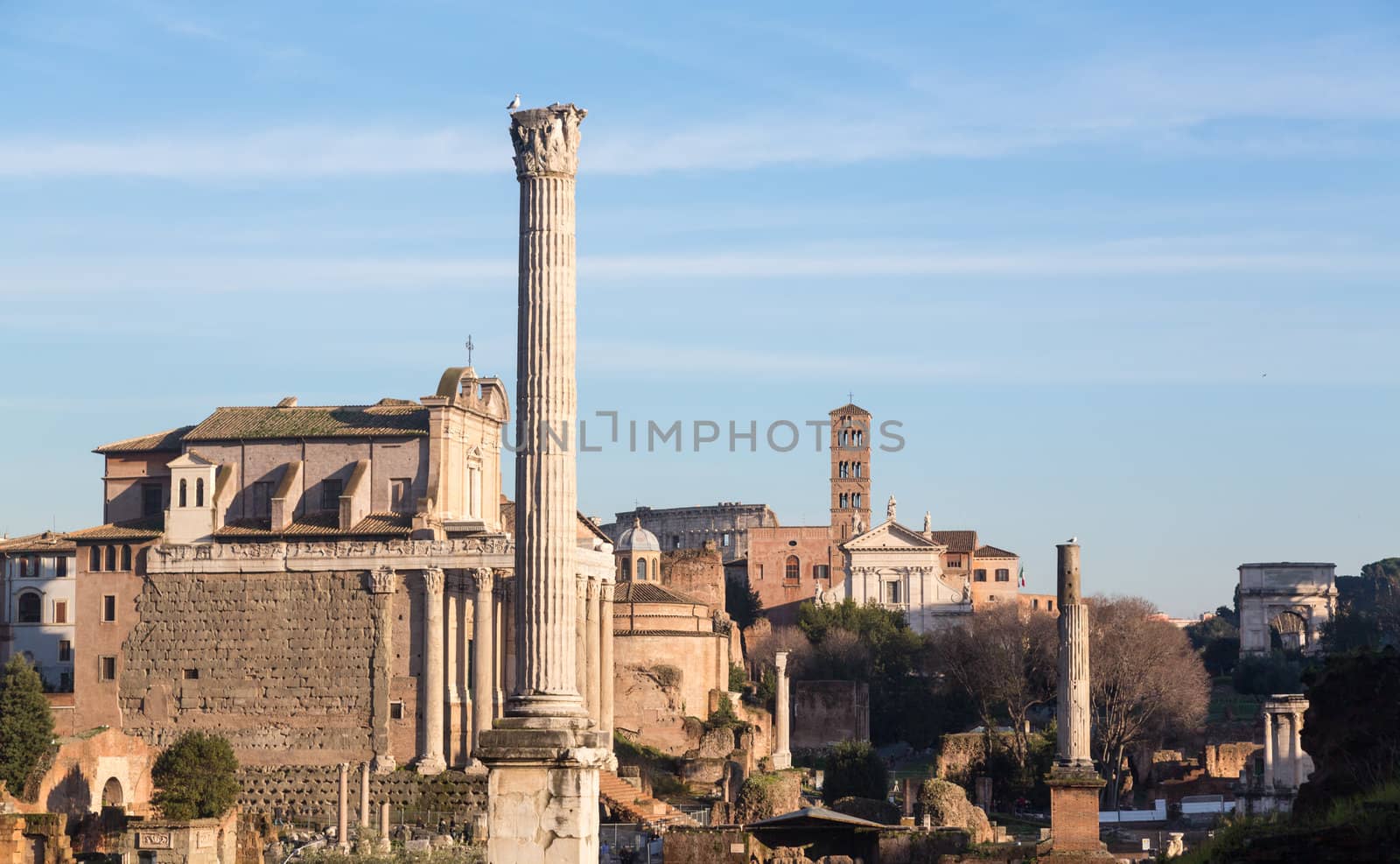 Details of remains and ruins in Ancient Rome Italy showing Temple of Antoninus and Faustina