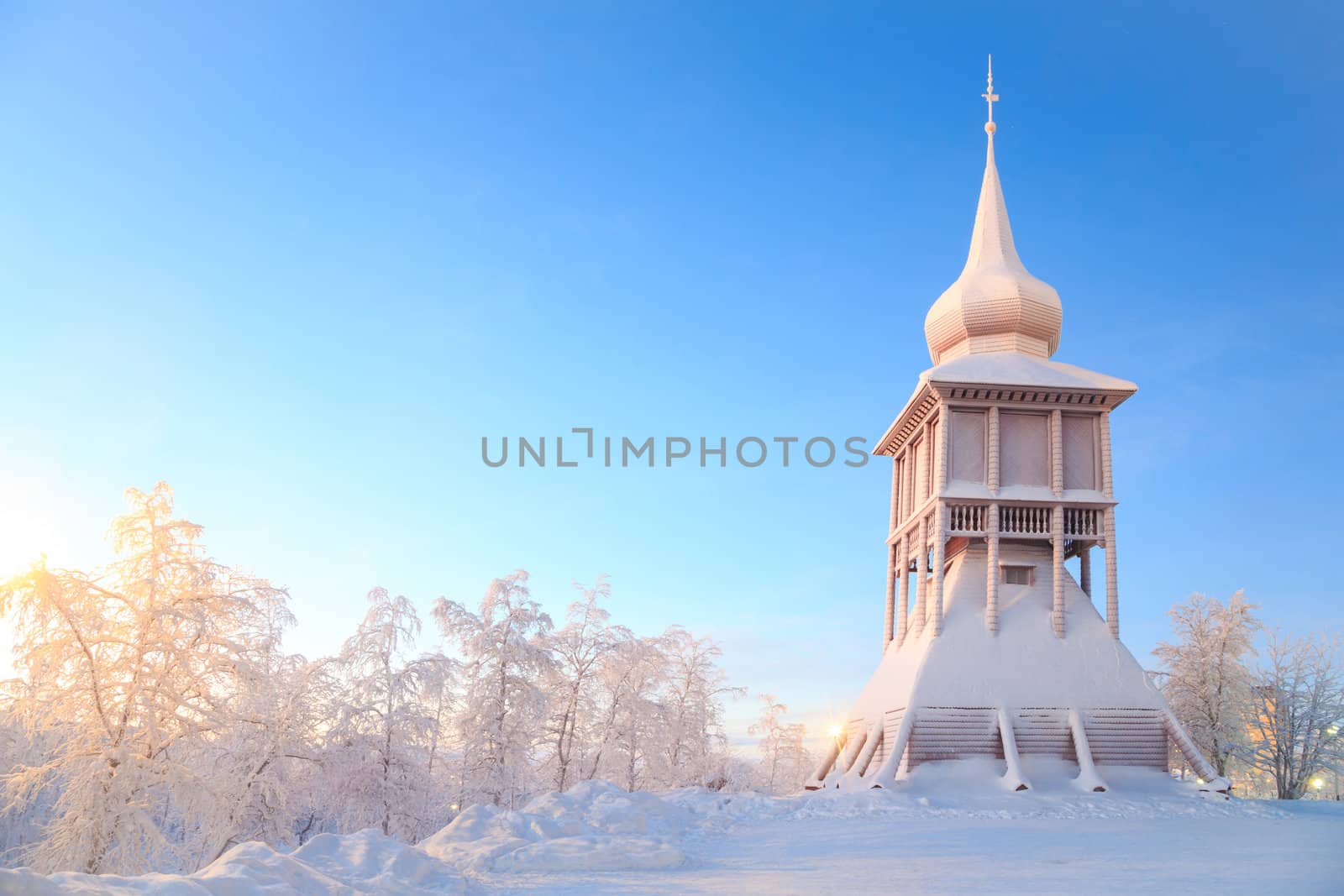 Kiruna cathedral church monument Architecture Sweden at dusk twilight with star trail