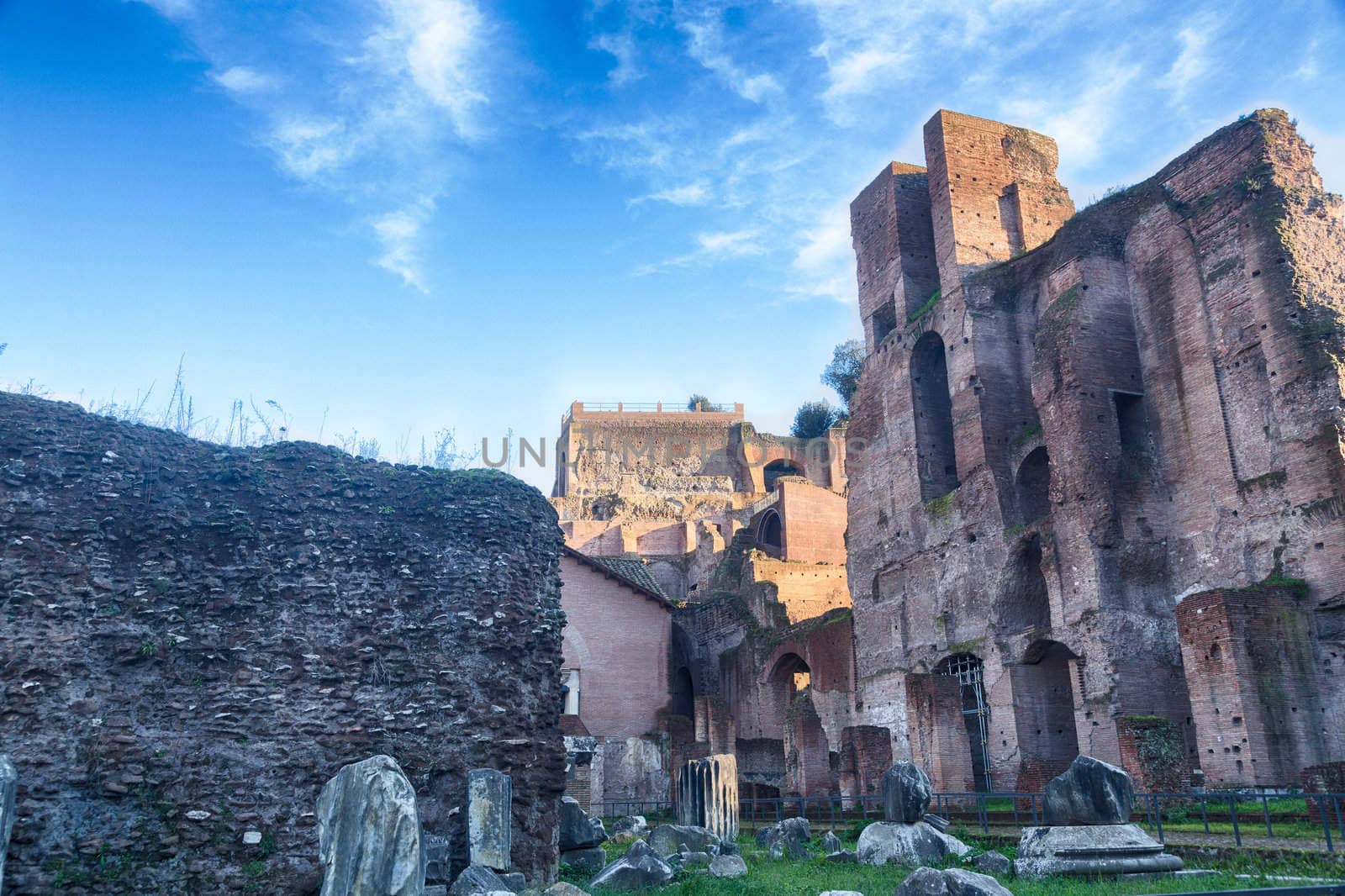 Details of remains and ruins in Ancient Rome Italy showing Capanne del Palatino