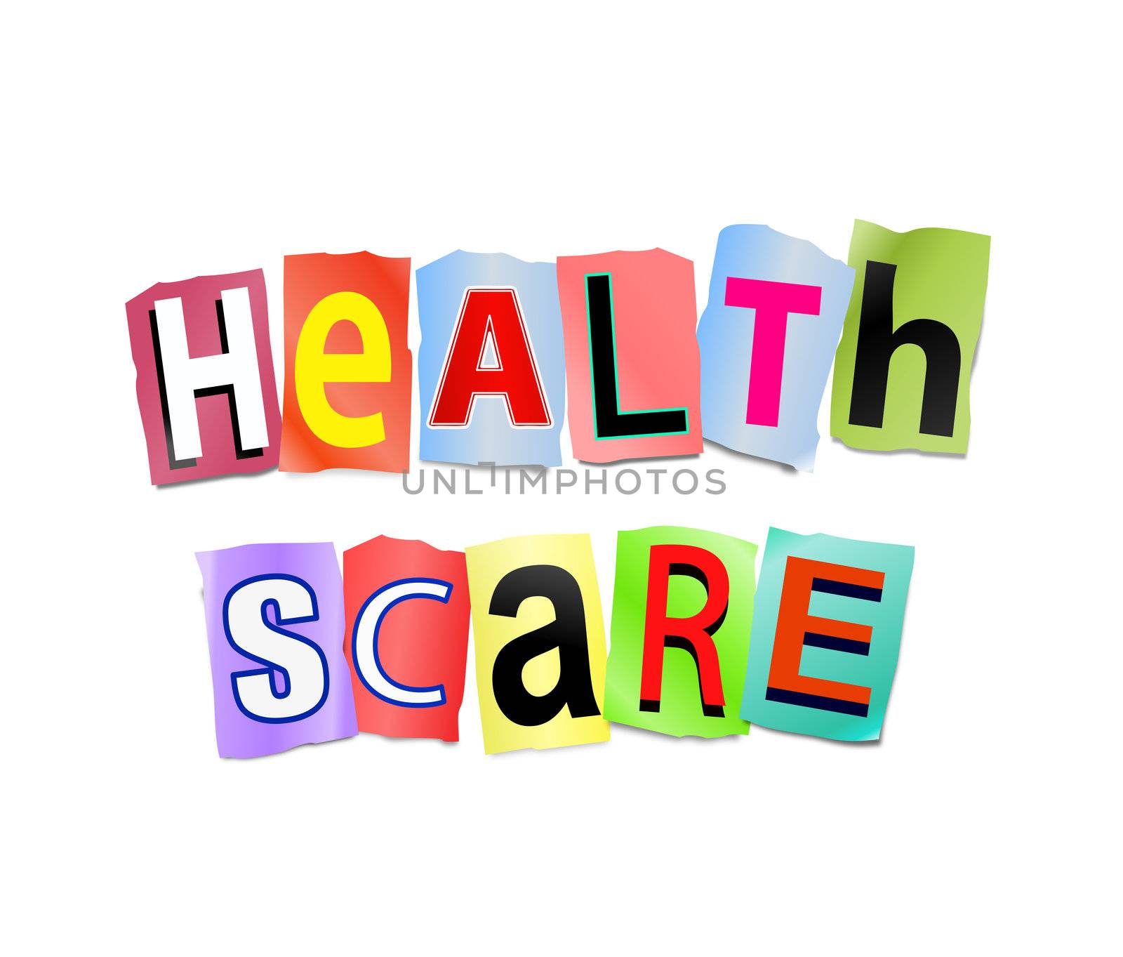 Illustration depicting cutout printed letters arranged to form the words health scare.