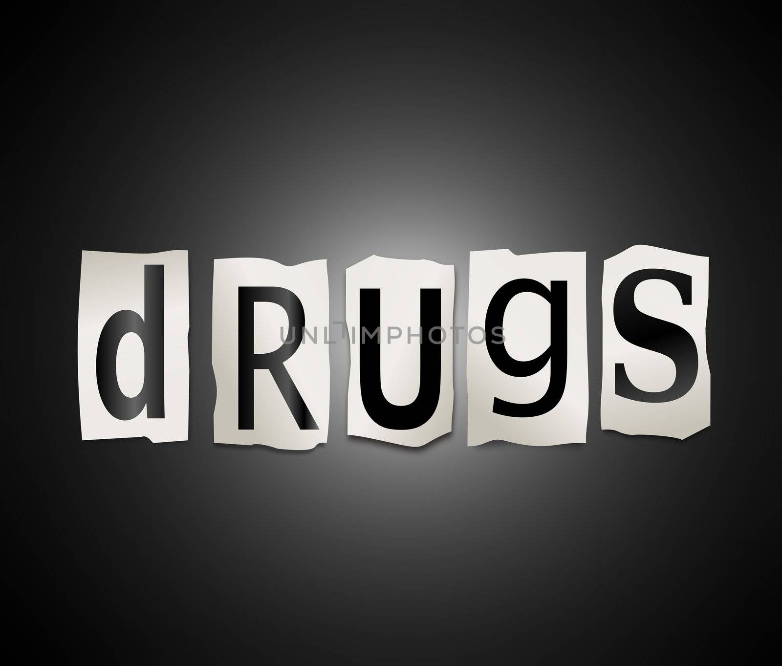 Illustration depicting cutout printed letters arranged to form the word drugs.