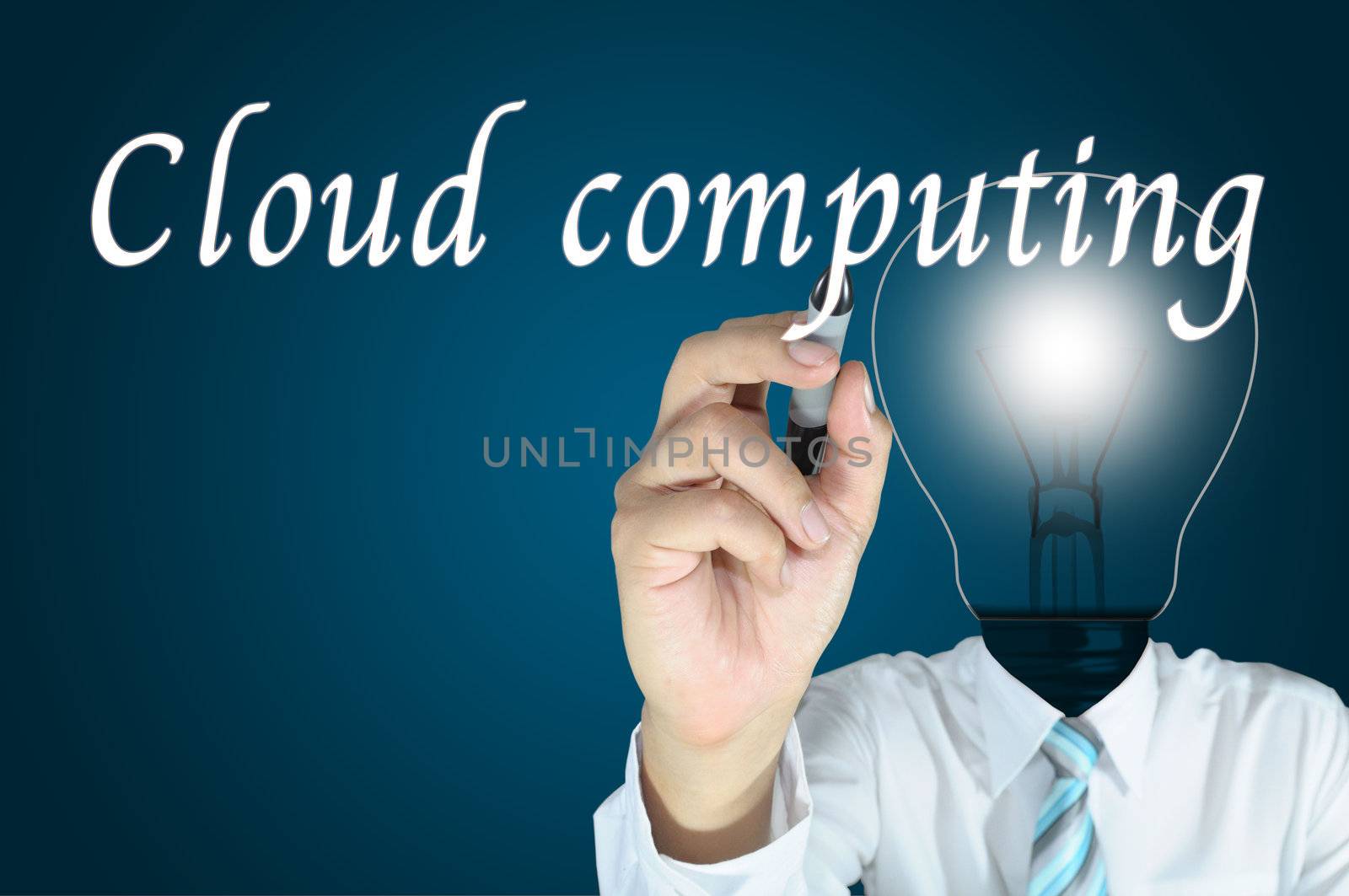 Lamp or Light Bulb Head Male Writing Cloud Computing On Touch Screen