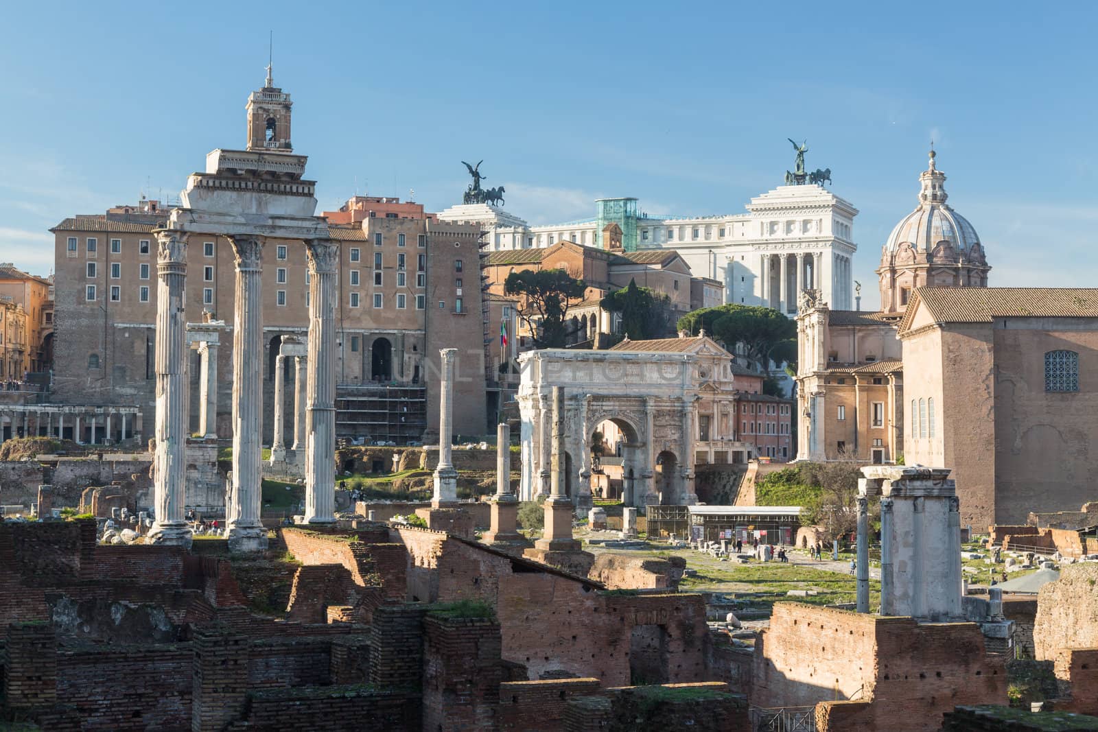 Details of remains and ruins in Ancient Rome Italy showing Temple of Castor and Pollux
