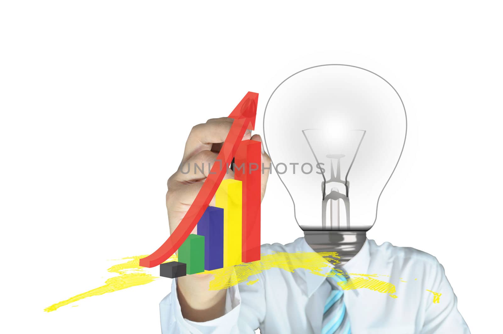 Lamp or Light Bulb Head Male Writing 3d graph On Touch Screen