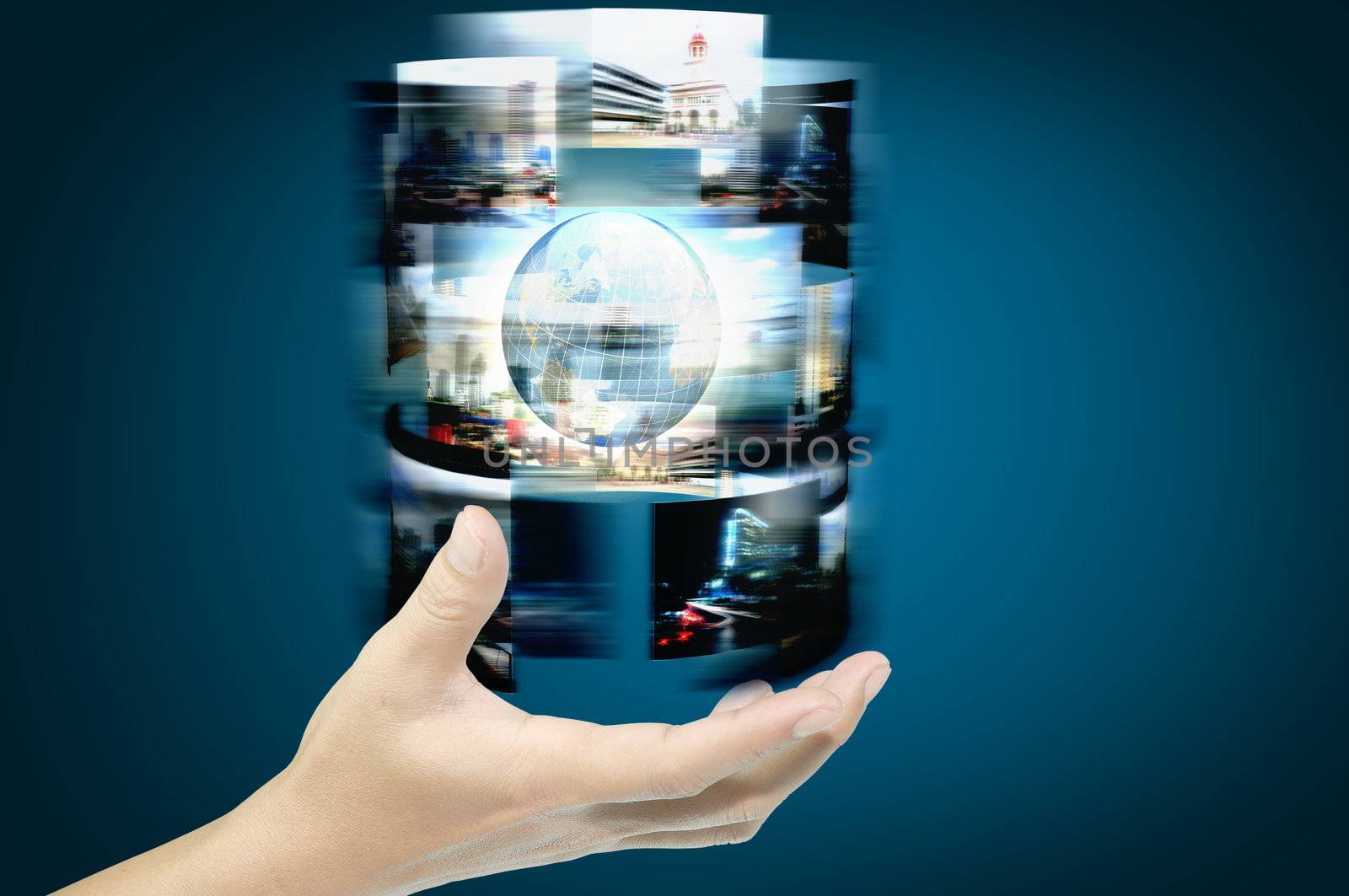 Hand of businessman hold streaming images with earth globe