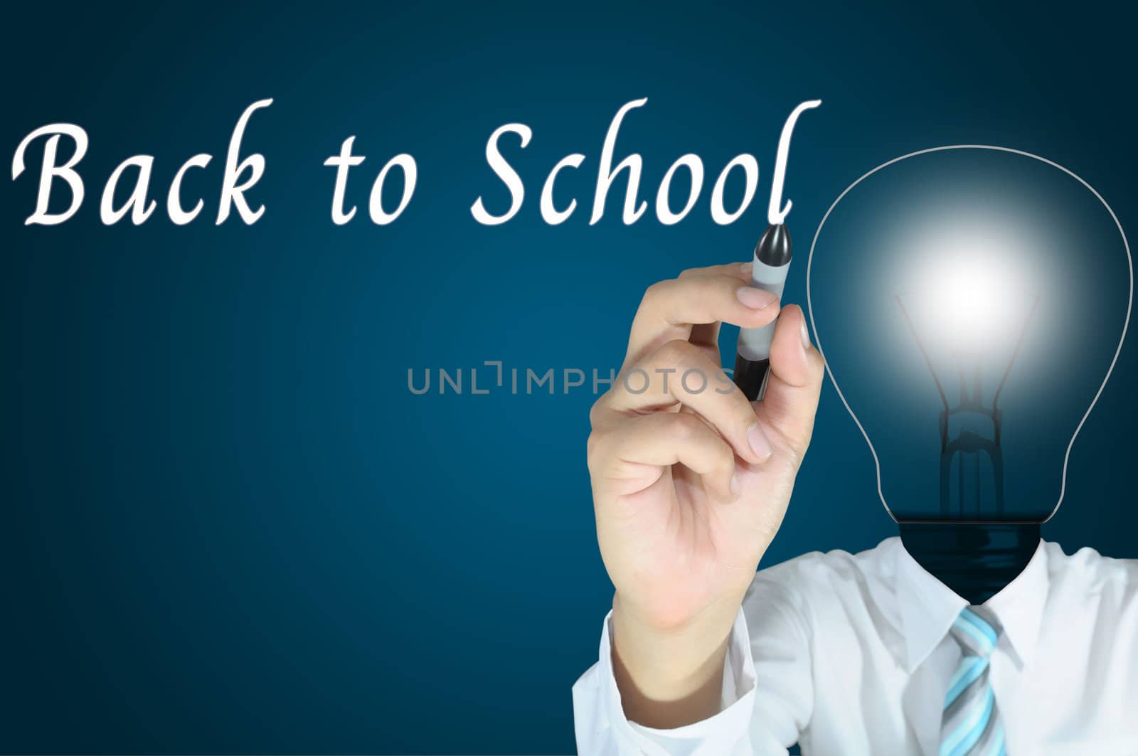 Lamp or Light Bulb Head Male Writing Back to School On Touch Screen