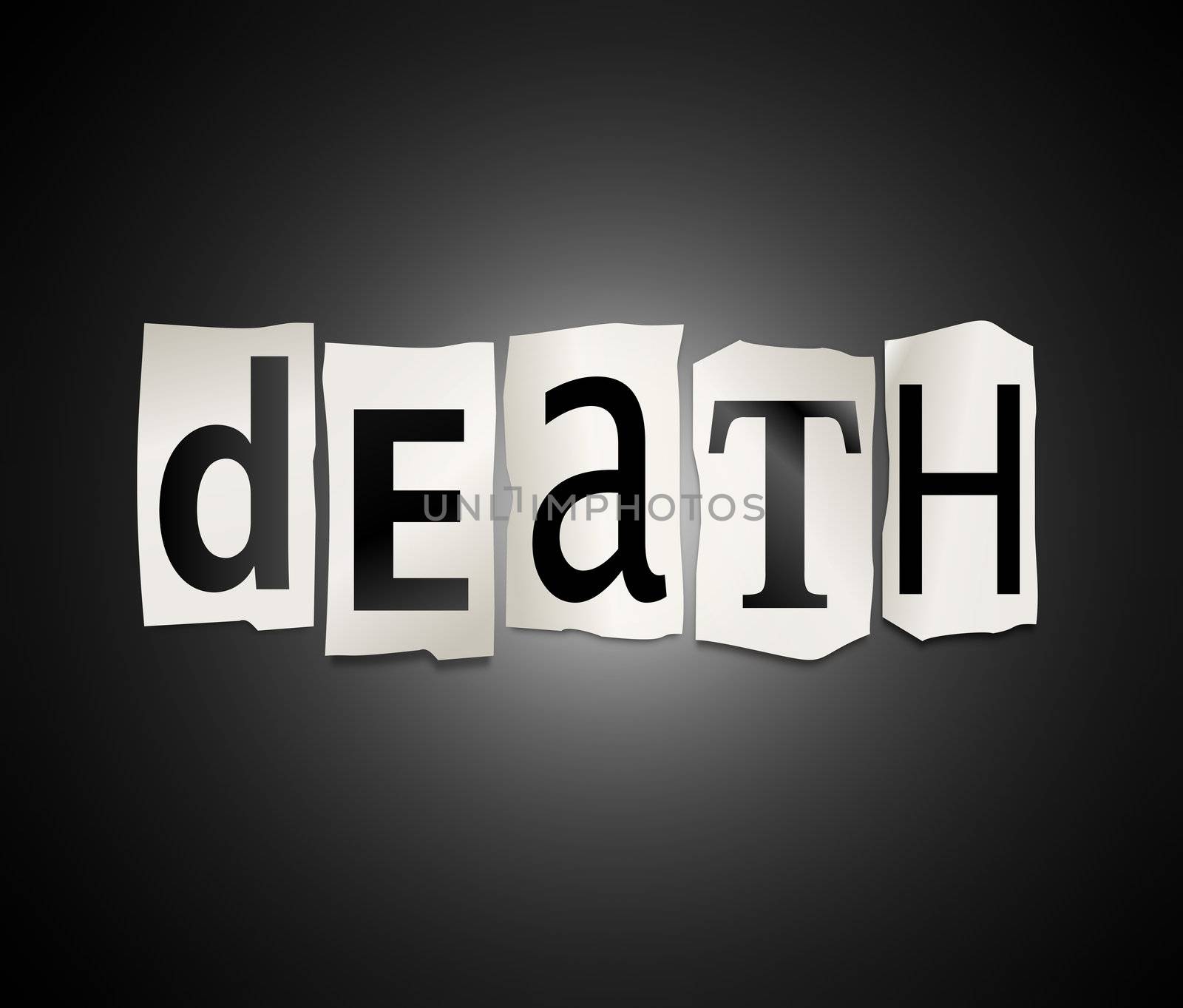 Illustration depicting cutout printed letters arranged to form the word death.