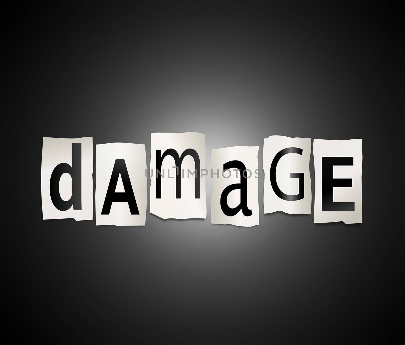 Illustration depicting cutout printed letters arranged to form the word damage.