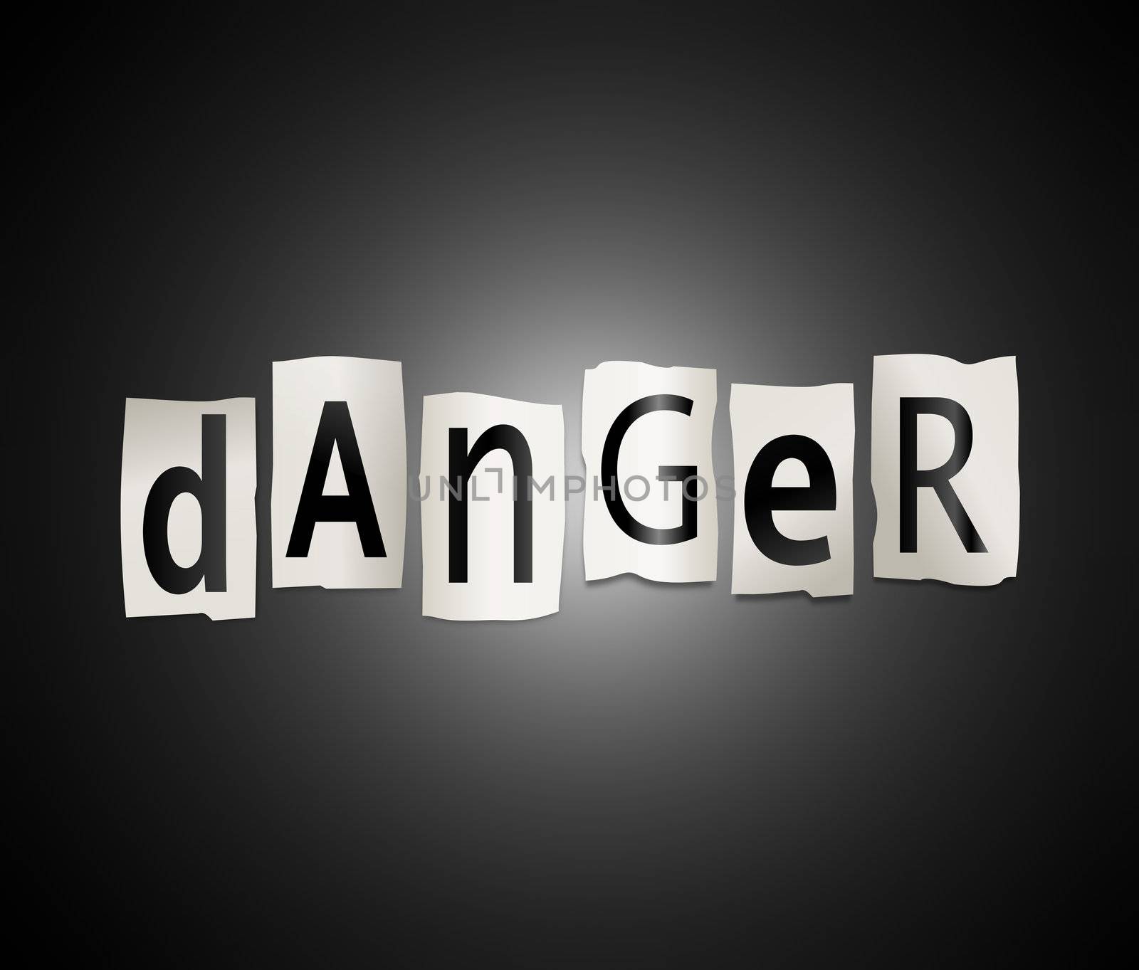 Illustration depicting cutout printed letters arranged to form the word danger.